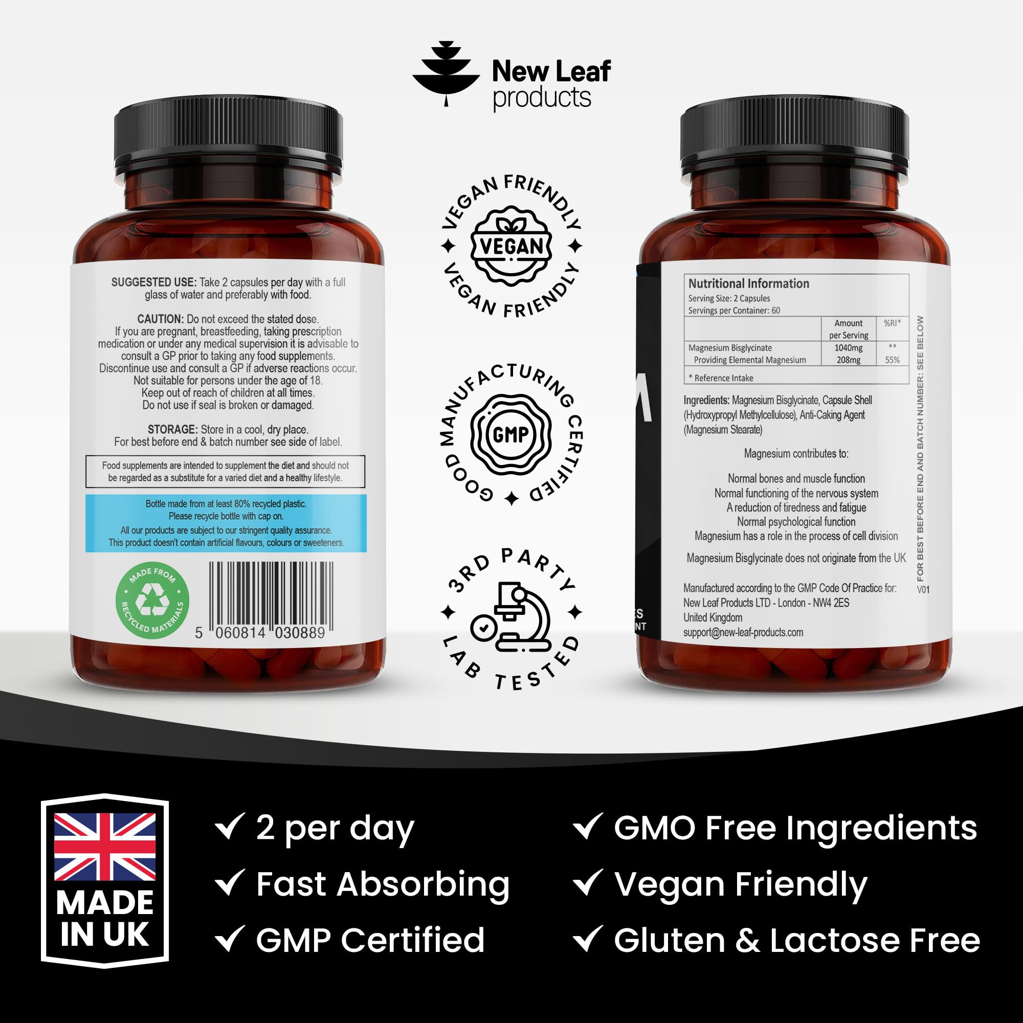 Magnesium Glycinate Supplements - 1040mg of Magnesium - 120 High Strength Capsules NEW LEAF PRODUCTSUS supplements