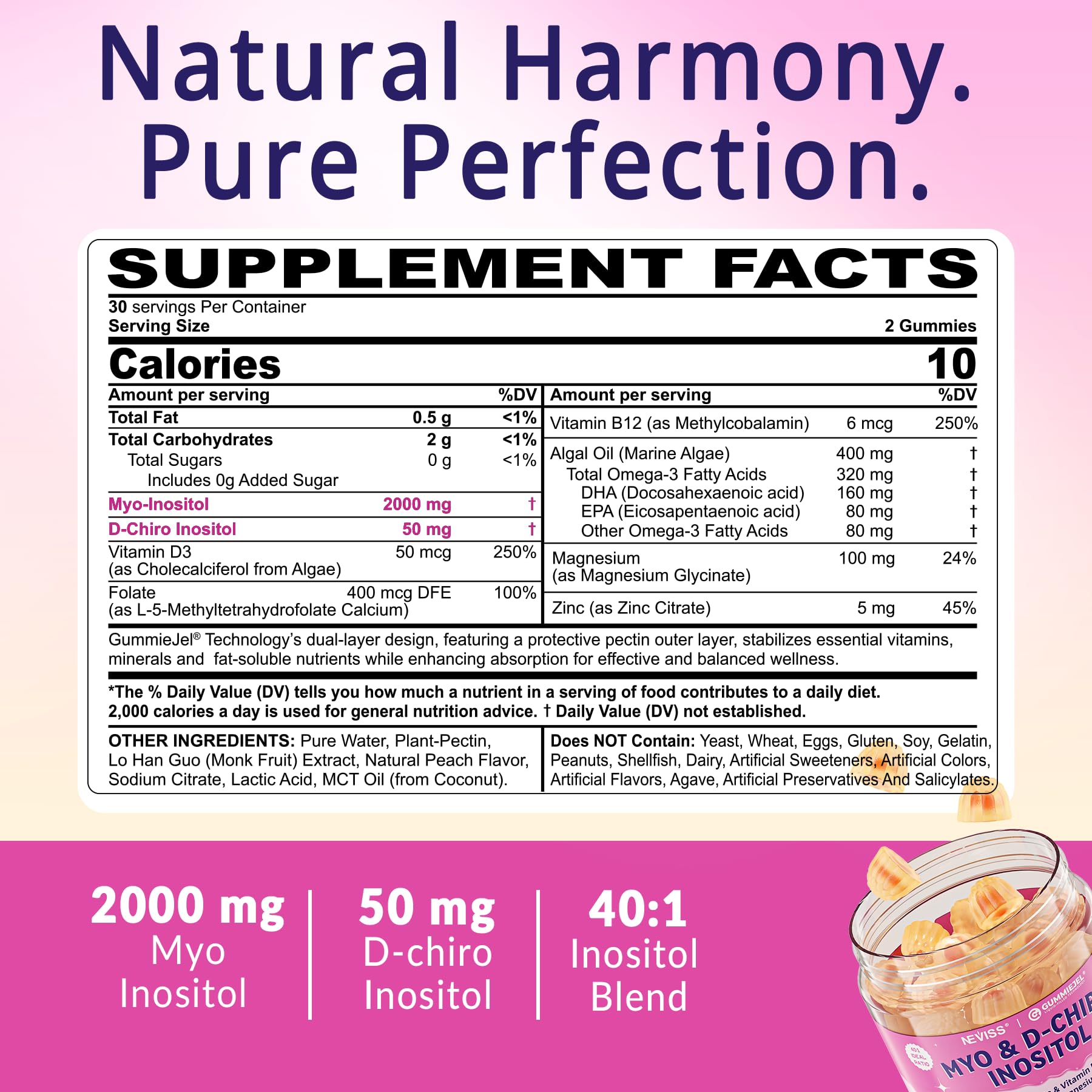 Myo-Inositol & D-Chiro Inositol, Hormone Balance for Women | Sugar Free Inositol Gummies w/Omega 3, MTHF Folate, Vitamin D3, B12, Magnesium & Zinc for Ovarian Health, Ideal 40:1 Ratio, Vegan, 60 Cts NEVISSAu supplements