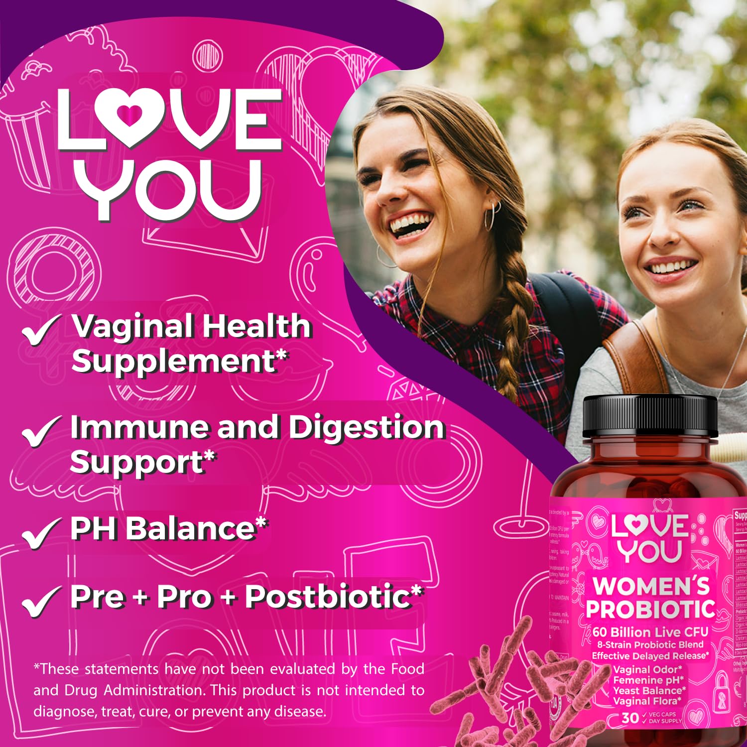 Love You Womens Probiotic, Ph Balance, Ut, Feminine, Vaginal Health Supplement, Digestive, Pre + Pro + Postbiotic, Delayed Release, 60 Billion Live CFU, 8-Strain Probiotic Blend, 30 Veg Caps Servings Love YouAu supplements