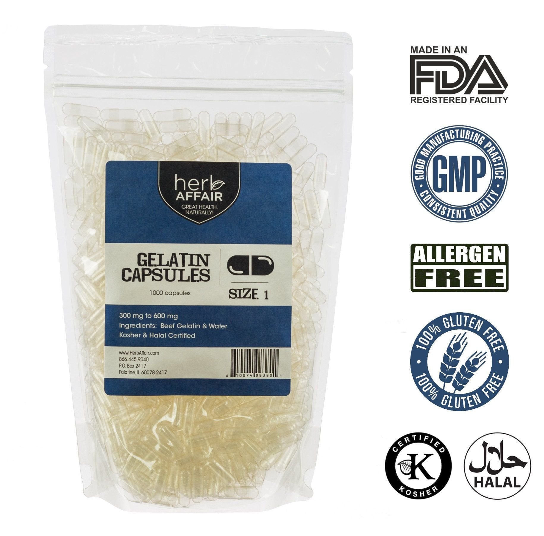 Herb Affair Clear Empty Gelatin Capsules Size 1-1000 Count – Holds 300-600mg - Great for Dogs and Kids Medication - Works with Most Capsule Fillers Herb AffairAu supplements