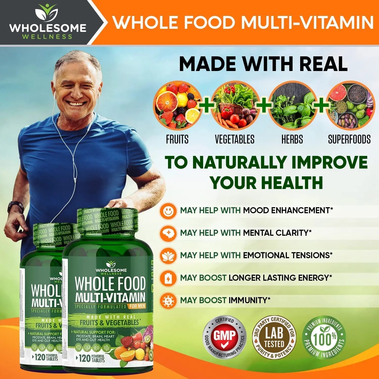 Wholesome Wellness Whole Food Multivitamin for Men - Natural Multi Vitamins, Minerals, Organic Extracts - Vegan Vegetarian - 120 Tablets Wholesome WellnessAu supplements