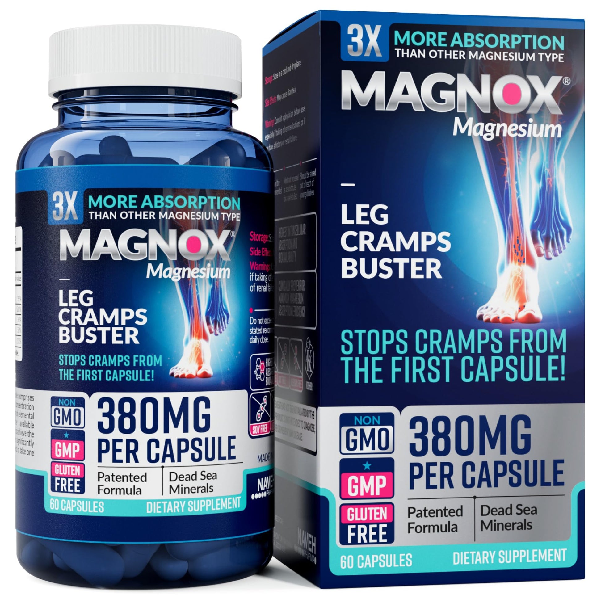 MAGNOX® Buster | Patented Clinically Tested 380mg Magnesium Supplement for Spasms & Leg Cramps at Night | One Capsule a Day for Almost Full Dosage | 3X More Absorption | Dead Sea Minerals (60 Caps) MAGNOXAu supplements
