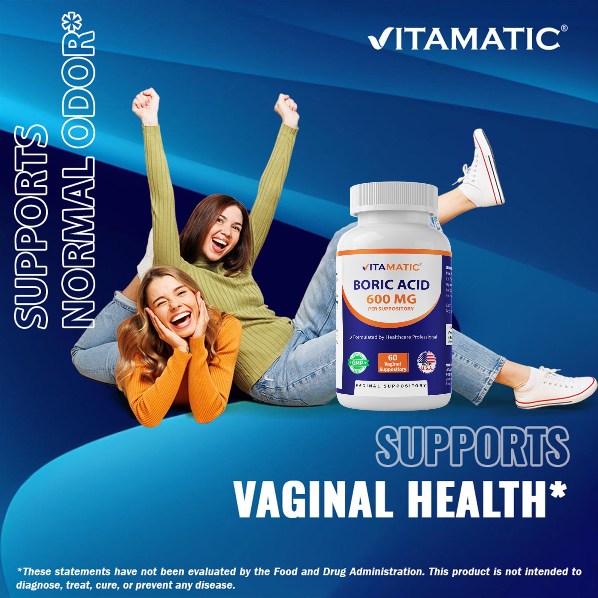 Vitamatic Boric Acid Vaginal Capsule Shell Suppositories 600 mg USP Grade Boric Acid in Vegetarian Capsule Shell - 60 Count VitamaticUS supplements