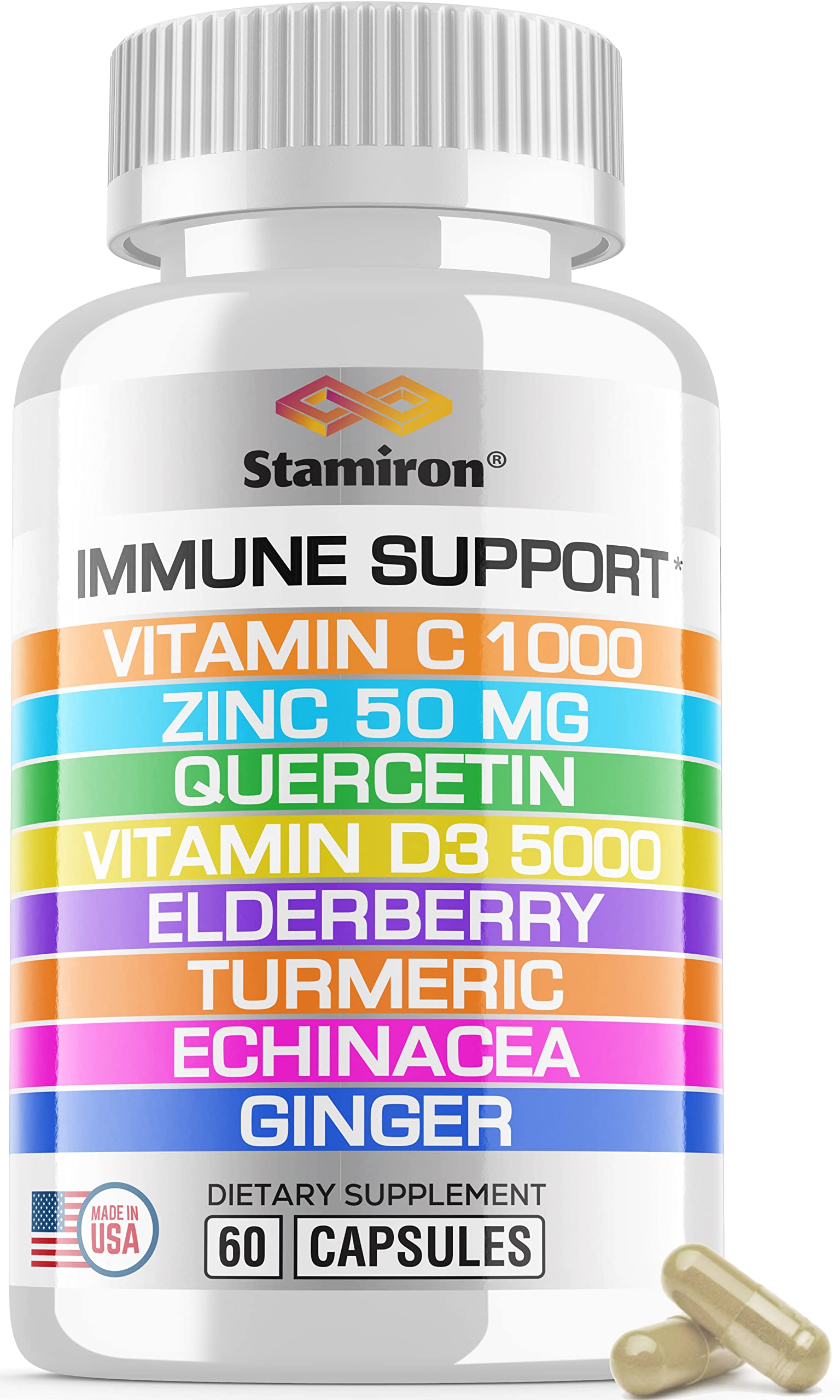 8 in 1 Immune Support with Quercetin Zinc 50mg Vitamin C 1000mg Vitamin D3 5000 IU and Elderberry Echinacea Ginger for Adults Kids - VIT D Supplement Veg Capsules StamironAu supplements