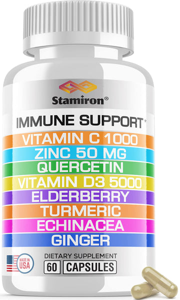 8 in 1 Immune Support with Quercetin Zinc 50mg Vitamin C 1000mg Vitamin D3 5000 IU and Elderberry Echinacea Ginger for Adults Kids - VIT D Supplement Veg Capsules StamironAu supplements