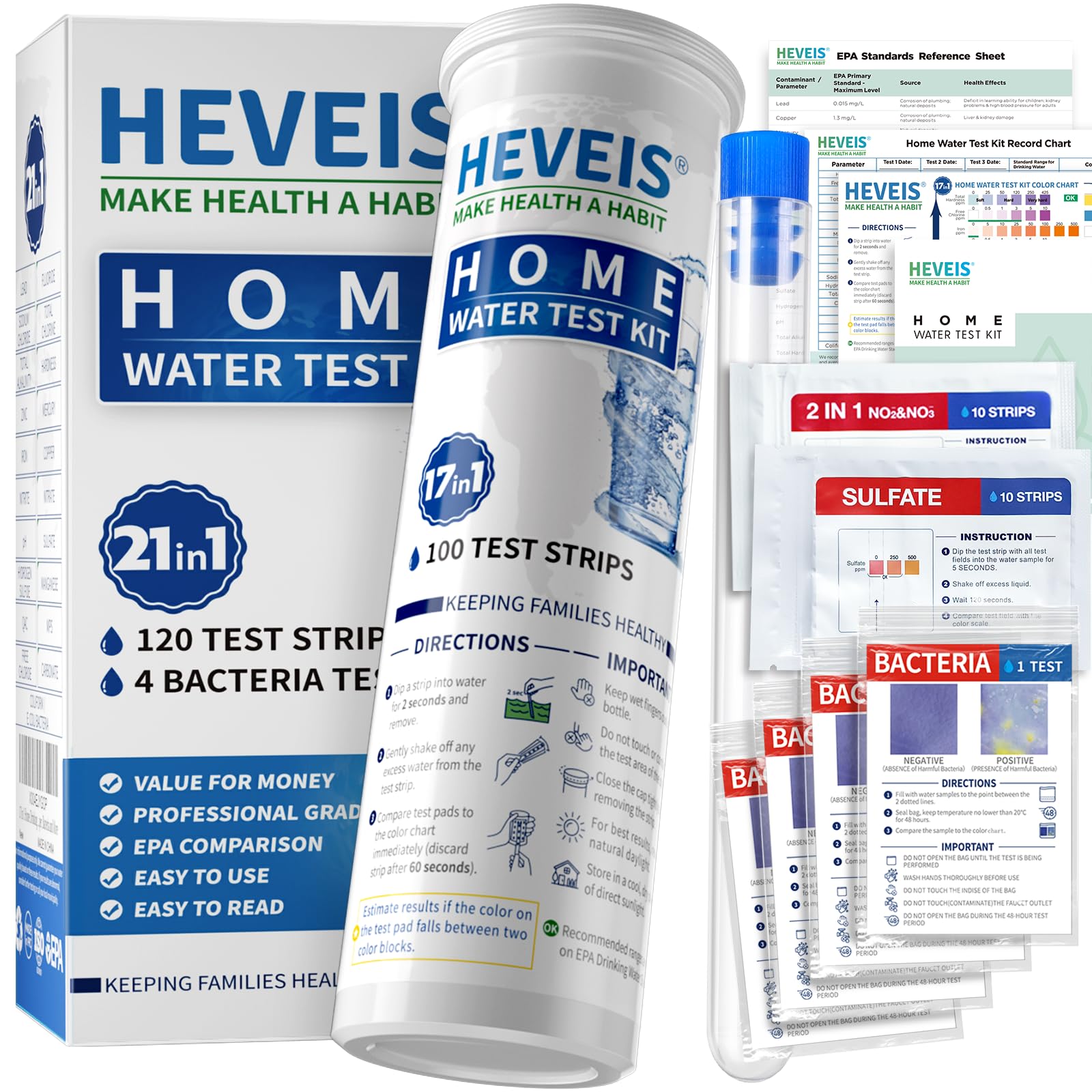 21-in-1 Home Drinking Water Testing Kit - 120 Strips + 4 Bacteria Tests - Tap and Well Water Test Kit, Easy to Test and Read for Hardness, Lead, Iron, Fluoride, pH, Copper, Bacteria and More HEVEISAu supplements