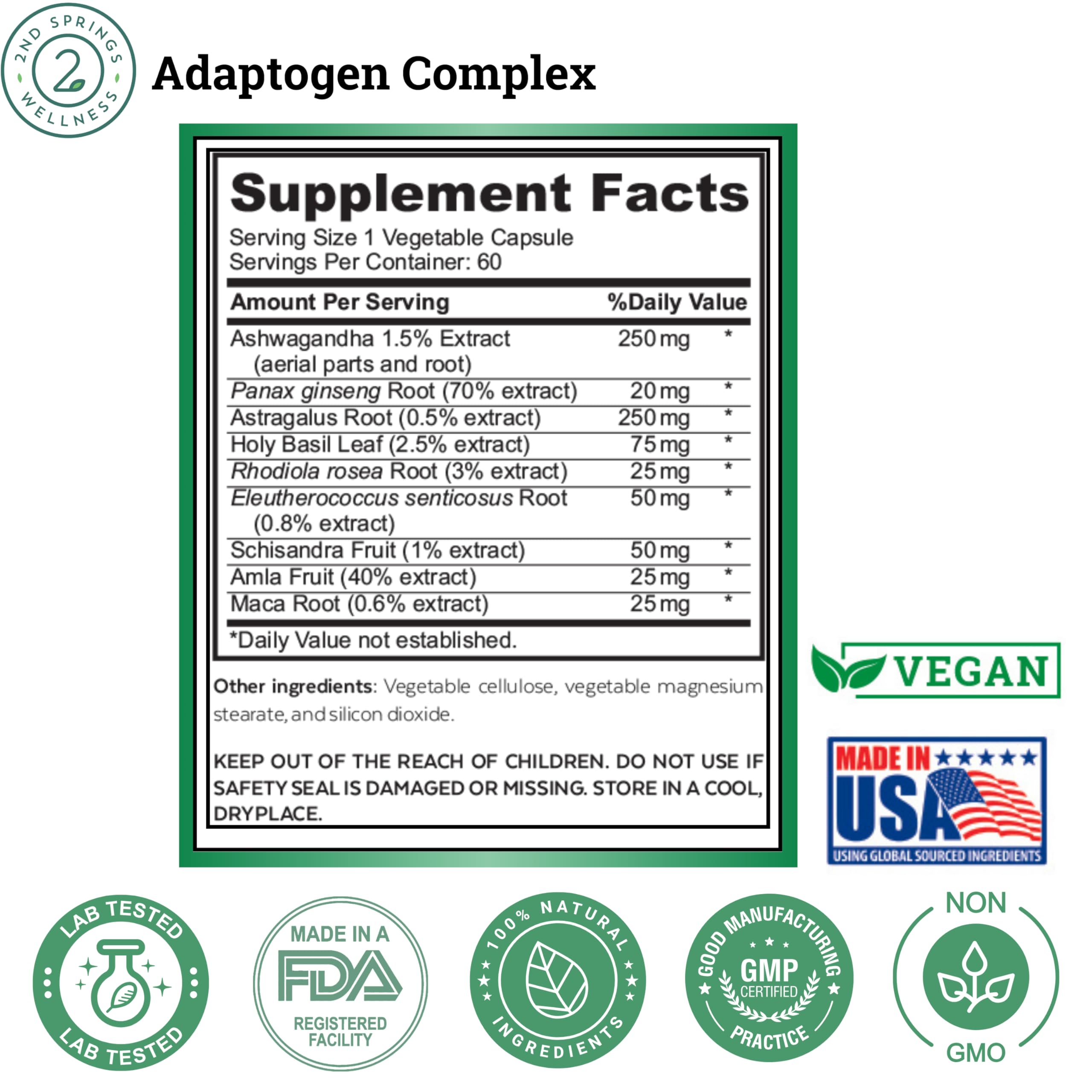 2nd Springs Adaptogen Complex Calmness, Energy and Vitality Booster - Ashwagandha, Schisandra, Astragalus, Ginseng, Rhodiola, and More - Adrenal Support Supplements - 60 Ct 2nd SpringsAu supplements