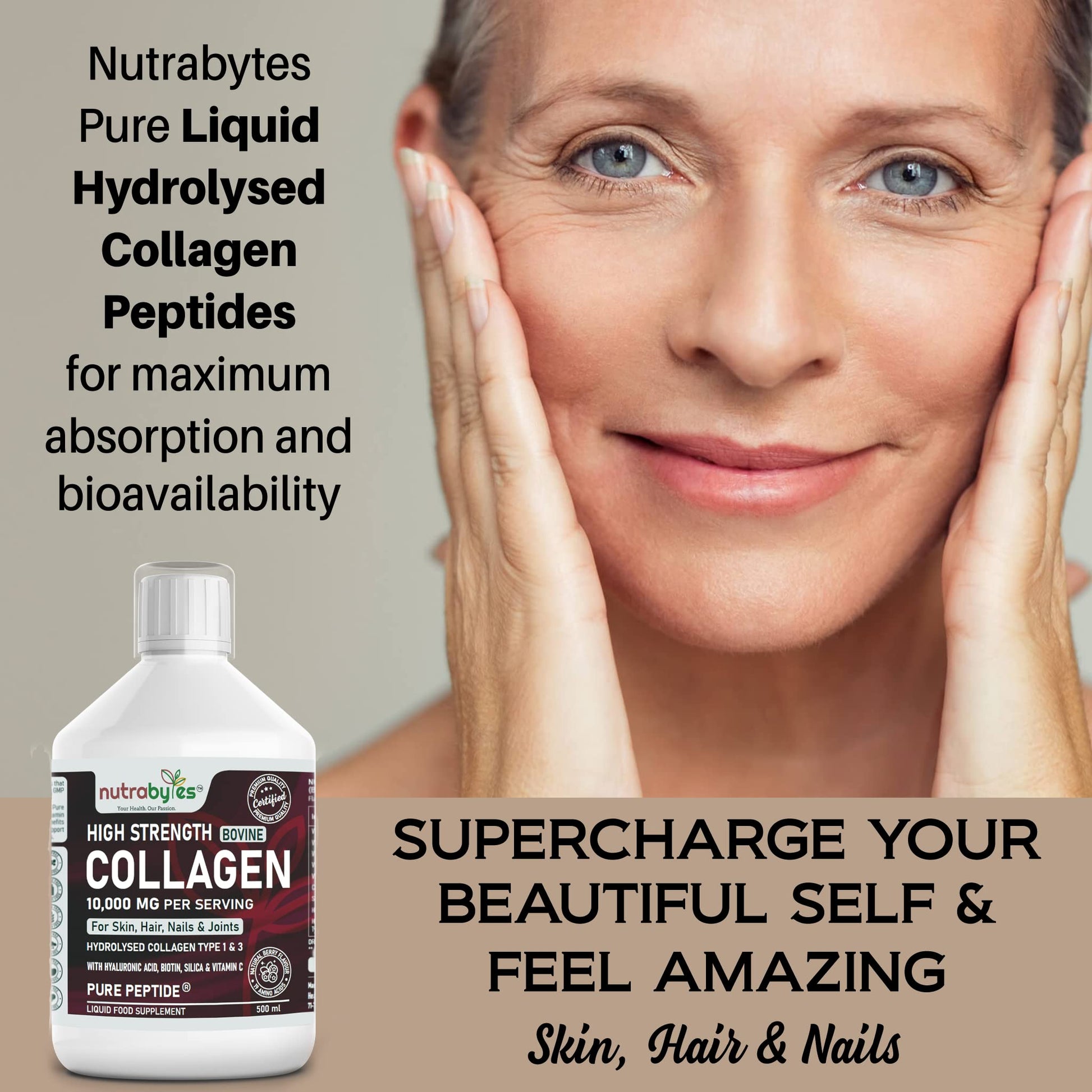 Collagen Liquid 10000mg, Hydrolysed Peptides | Hyaluronic Acid, Biotin, Silica, Vitamin C, Vitamin B12 NUTRABYTESAu supplements