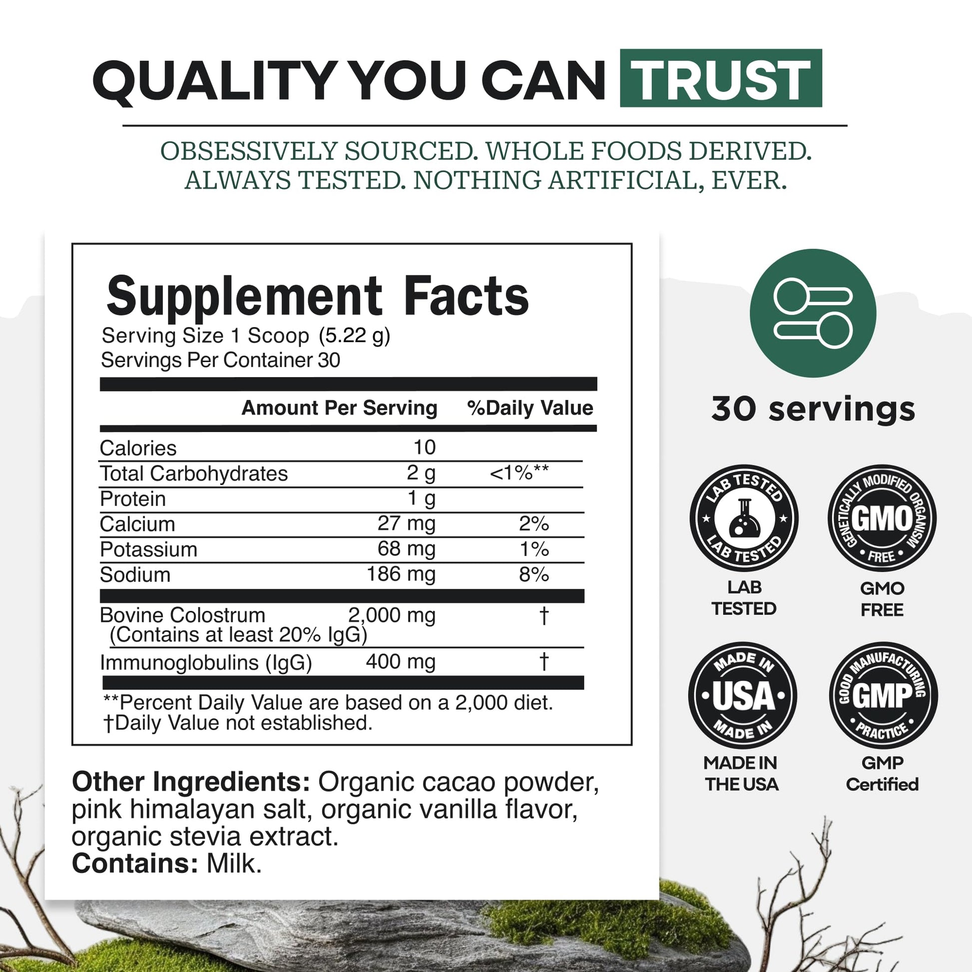 Colostrum Supplement - Grass Fed Pure Bovine Colostrum Powder - 2000mg & 400mg IgG (calostro bovino) - Gut, Immunity, Skin, Hair Support - Sugar Free, Natural Cacao Flavour, 30 Servings Wild FoodsAu supplements