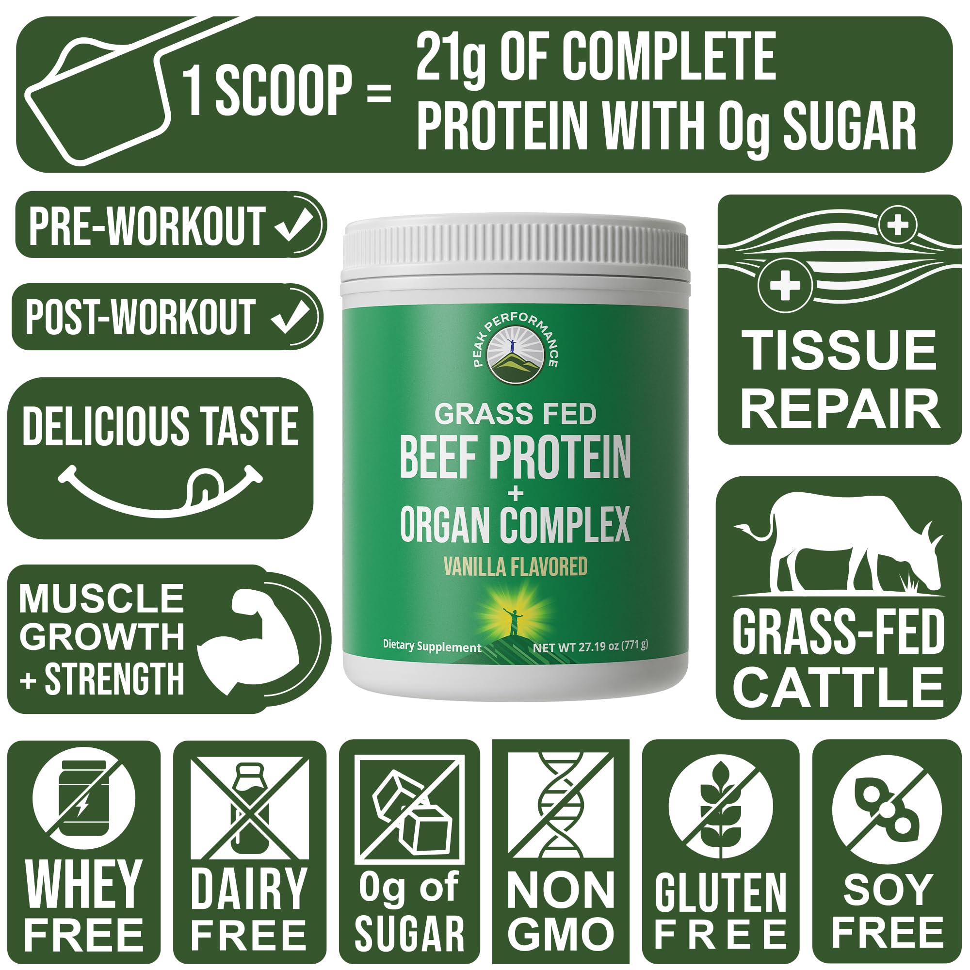 Grass Fed Beef Protein Powder + Organ Complex. Lactose Free Great Tasting Beef Protein Isolate. Animal Based Non Dairy No Whey Paleo Carnivore Supplement for Muscle Building. Vanilla Flavor Peak PerformanceAu supplements