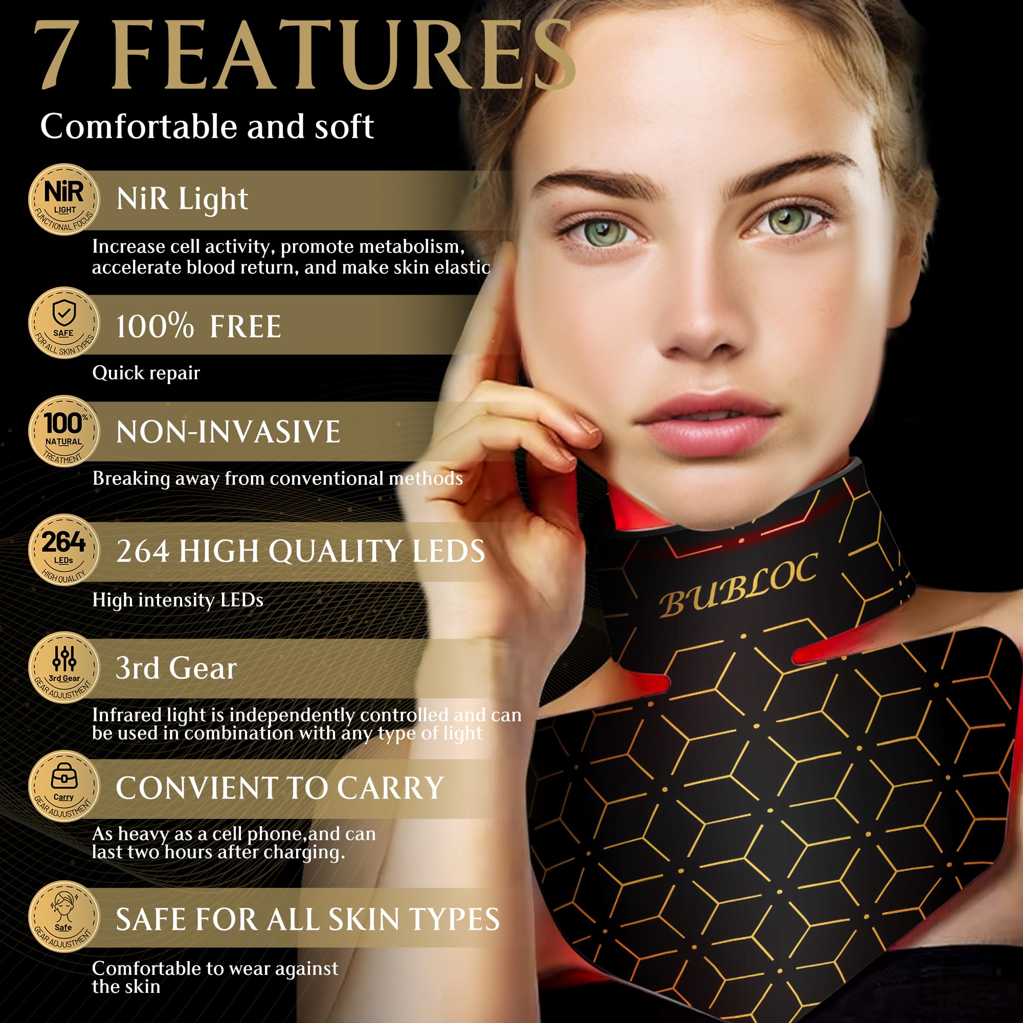 Upgraded Red Light Therapy Mask for Neck & Décolleté, 850 nm Wireless Infrared Light Therapy Suitable BUBLOCAu supplements