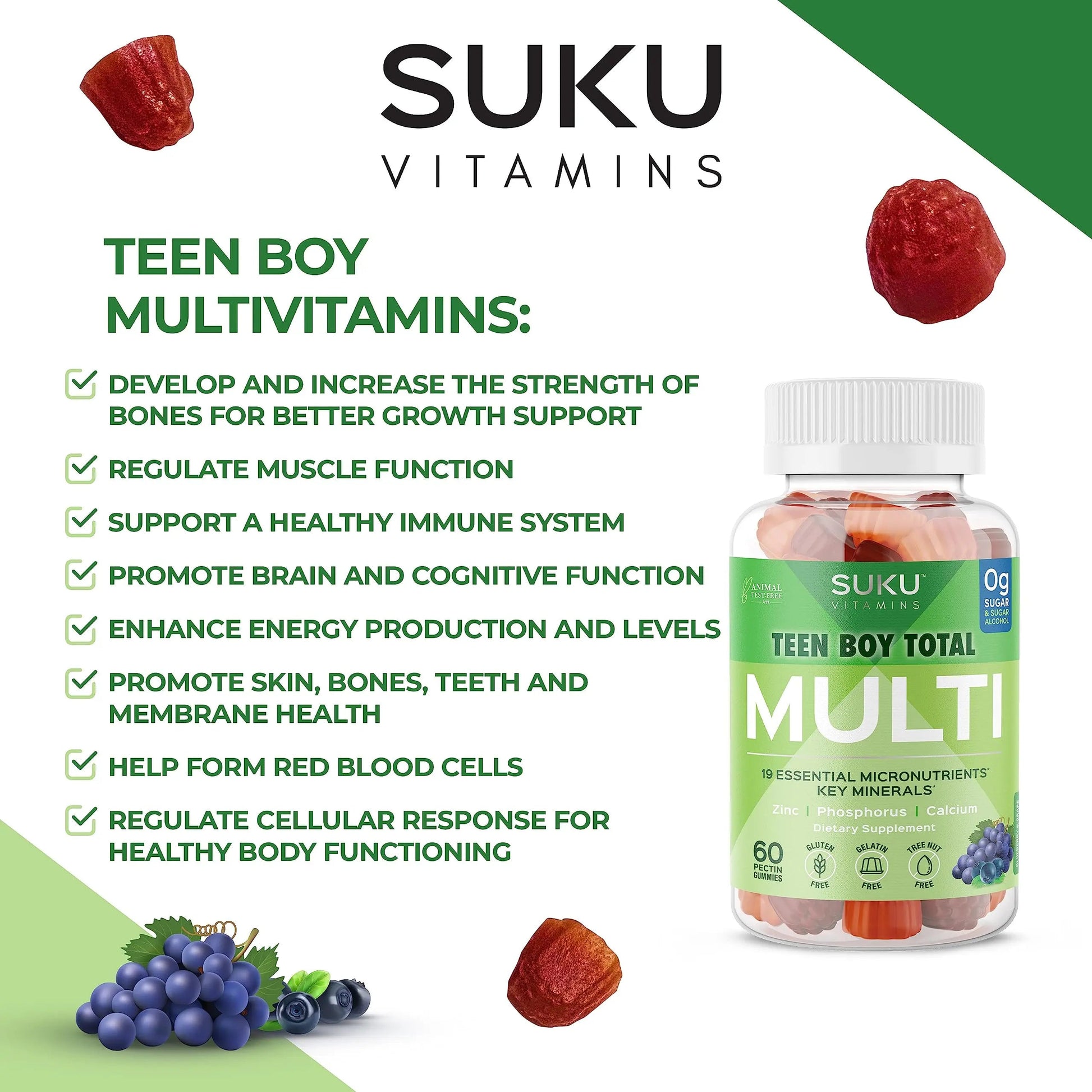 SUKU Teen Boy Multivitamin Gummies – Vitamins A, B12, C, D3, E, Zinc & Biotin – Sugar-Free Vegetarian Supplement SUKUAu supplements