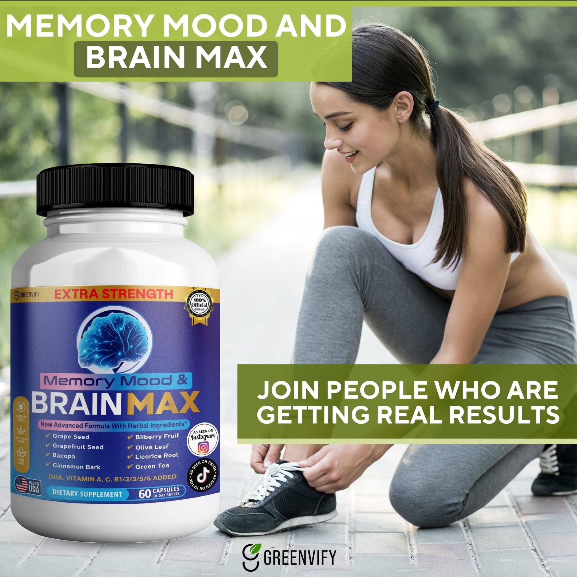 Memory, Mood & Brain Max Extra Strength Supplement with Herbal Ingredients, 60 Capsules, DHA, Vitamins, Bacopa, Green Tea (1) GREENVIFYAu supplements