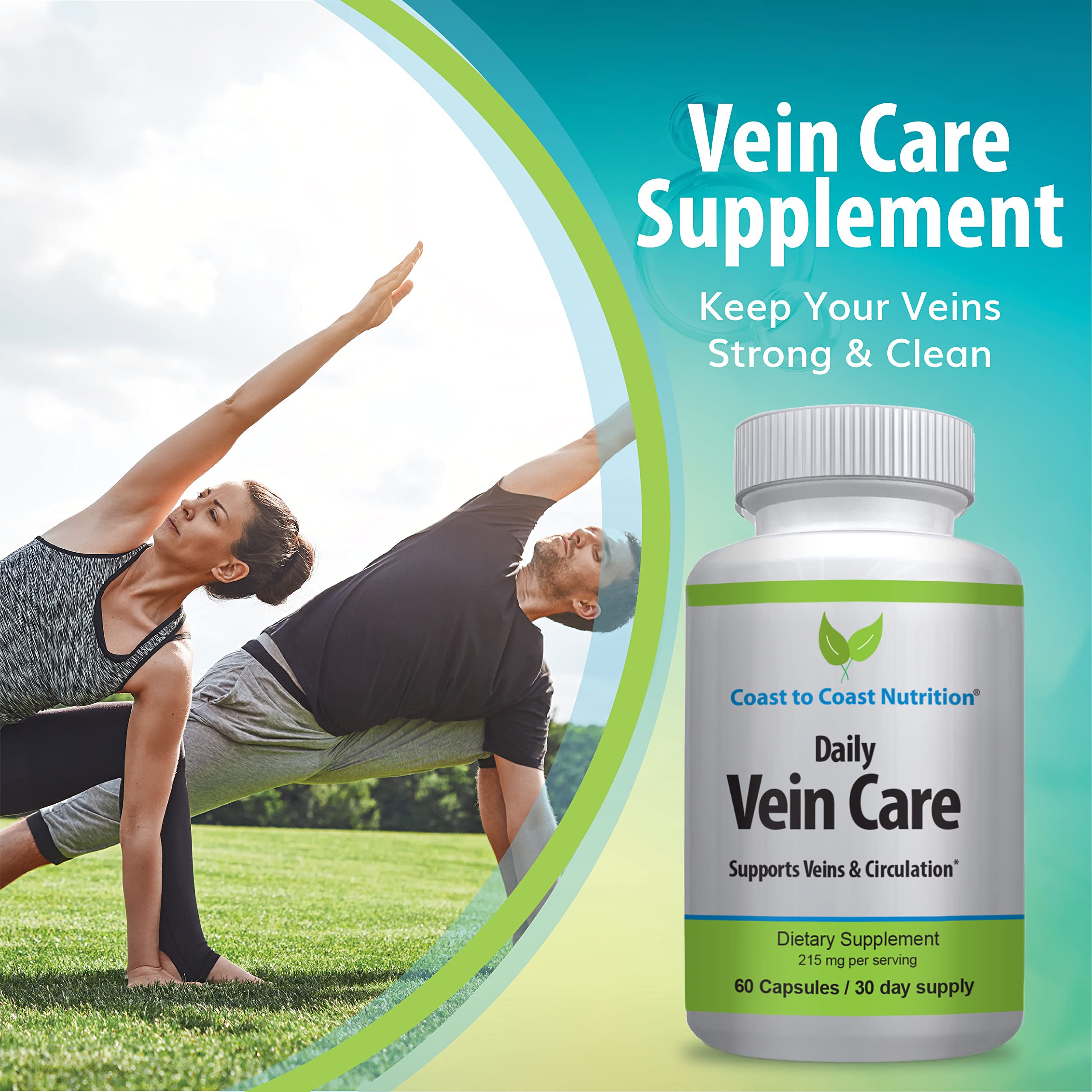 Coast to Coast Nutrition Daily Vein Care Supplement Capsules — Circulation Formula with a Natural Blend of Calcium, Vitamin D3, Vitamin K2 Plus BioPerine for Max Absorption Vein Formula — 60 Capsules Coast to Coast NutritionAu supplements