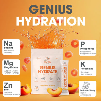 The Genius Brand Genius Hydrate - Electrolyte Supplement for Daily Hydration - Coconut Water - Sugar-Free - 8 Essential Minerals & Nutrients - Non-GMO - Sour Peach Rings - 20 Servings The Genius BrandUS supplements