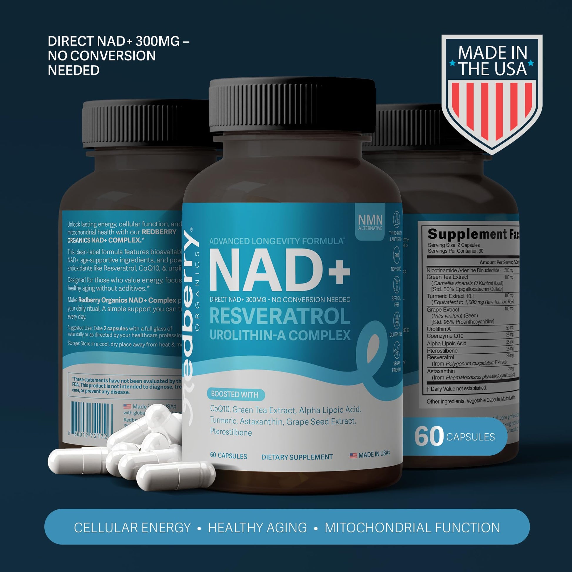 NAD Supplement with Direct NAD+ 300mg (NAD Plus) | Advanced Longevity Complex with Urolithin A & Resveratrol | NMN Alternative | 60 Capsules | Non-GMO, Gluten Free | Made in USA Redberry OrganicsAu supplements