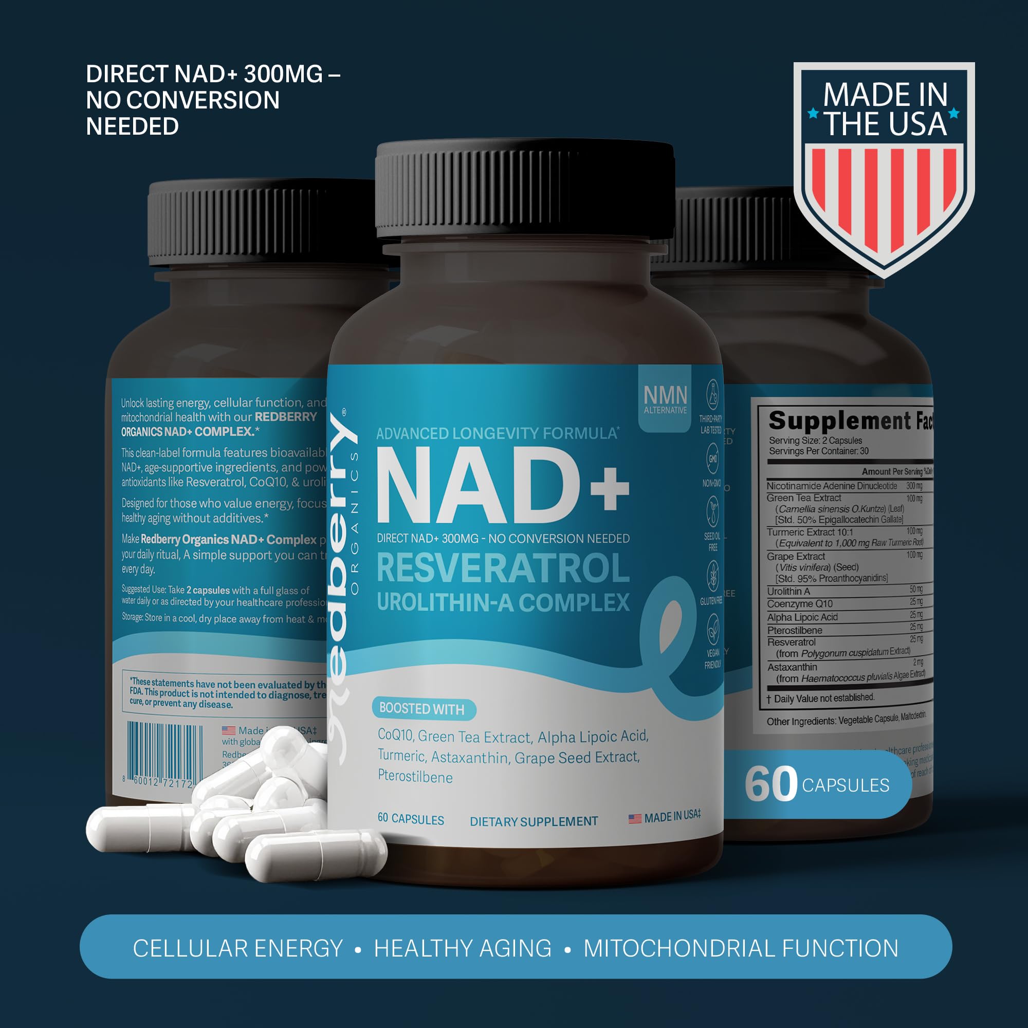 NAD Supplement with Direct NAD+ 300mg (NAD Plus) | Advanced Longevity Complex with Urolithin A & Resveratrol | NMN Alternative | 60 Capsules | Non-GMO, Gluten Free | Made in USA Redberry OrganicsAu supplements