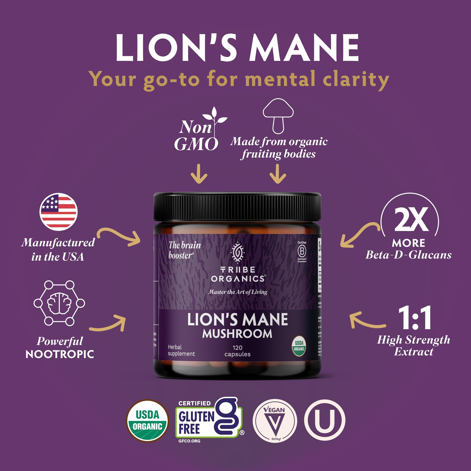 TRIBE ORGANICS Lion’s Mane Supplement 1000mg Mushroom Extract Powder - Immune System Booster & Brain Nootropic for Focus and Memory | Mental Clarity | Natural Energy and Immunity - 120 Vegan Capsules TRIBE ORGANICSAu supplements
