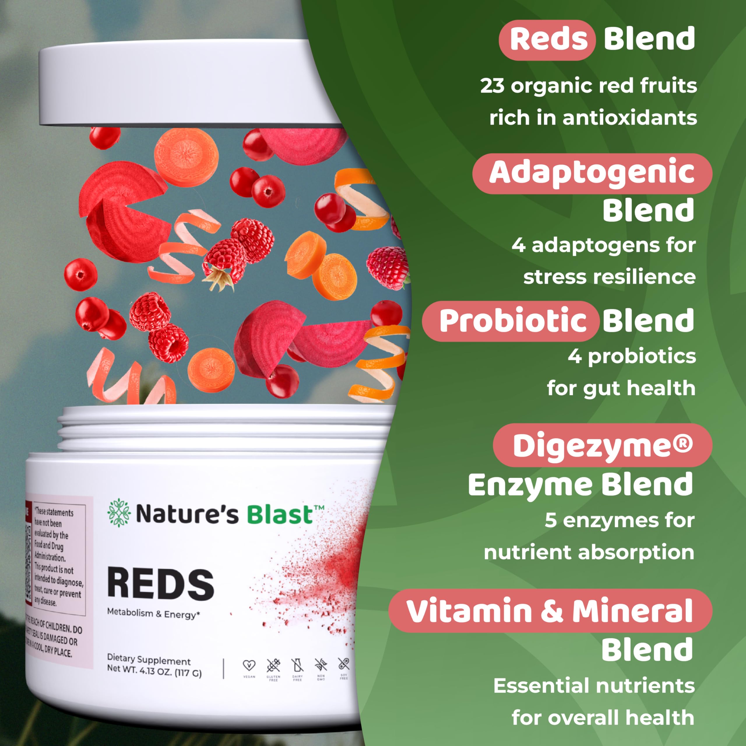 NATURES BLAST Reds - Metabolism and Energy Superfood Powder with 23 Red Fruits, 4 Adaptogens, Probiotics & Enzymes - Vegan Antioxidant Blend, 1 Bottle NATURES BLASTAu supplements