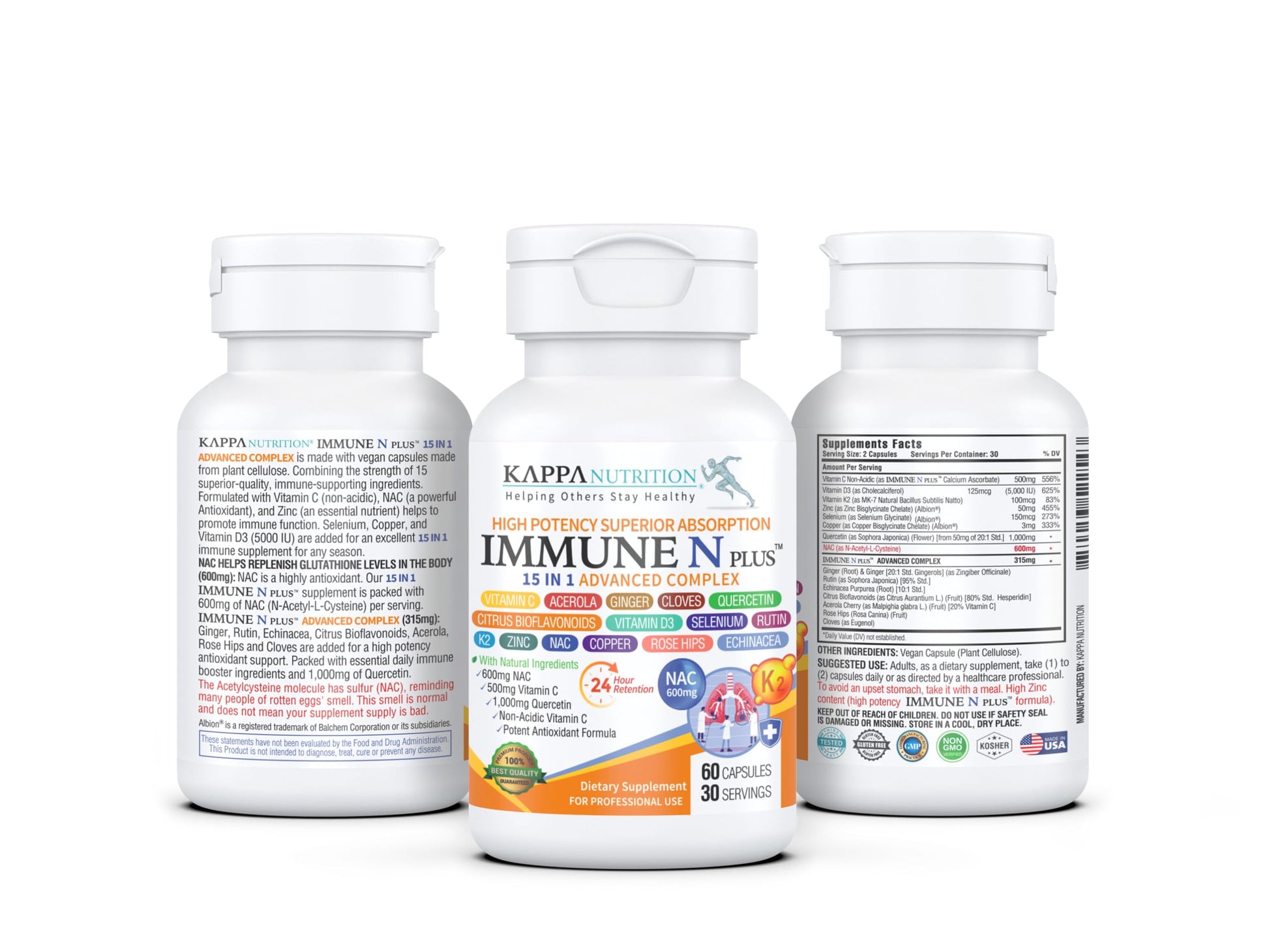 (60 Capsules), NAC 600mg, Quercetin 1,000mg, Vitamin C 500mg, Zinc 50mg, Vitamin D3 5,000iu, Selenium, Copper, Acerola, Ginger, Rutin, Citrus Bioflavonoids, Rose Hips, Echinacea, Immune N Plus 15 in 1 KAPPA NUTRITIONAu supplements