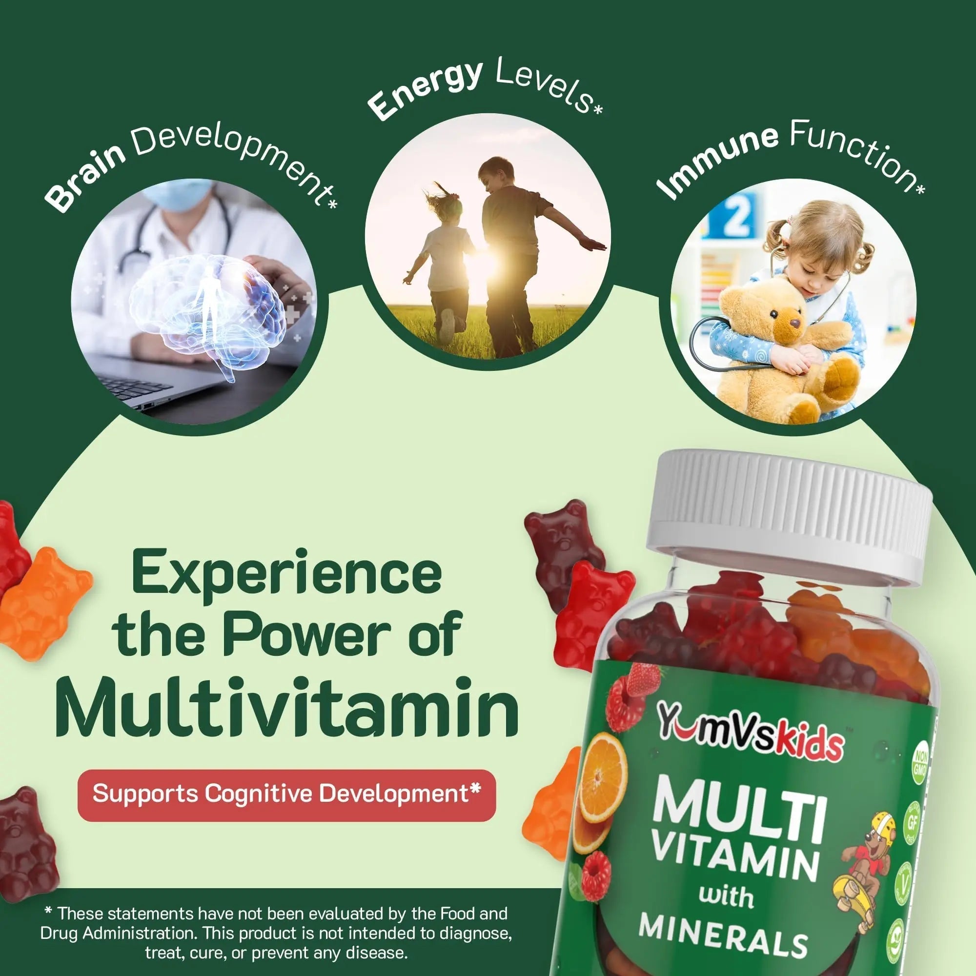 YumVs Kids Multivitamin Gummies - Fruit Flavored Chewable Children's Multivitamin - Kids Vitamins Multivitamin Gummy with 12 Minerals & Vitamins A C D3 E B6 B12 YUM-V'SAu supplements