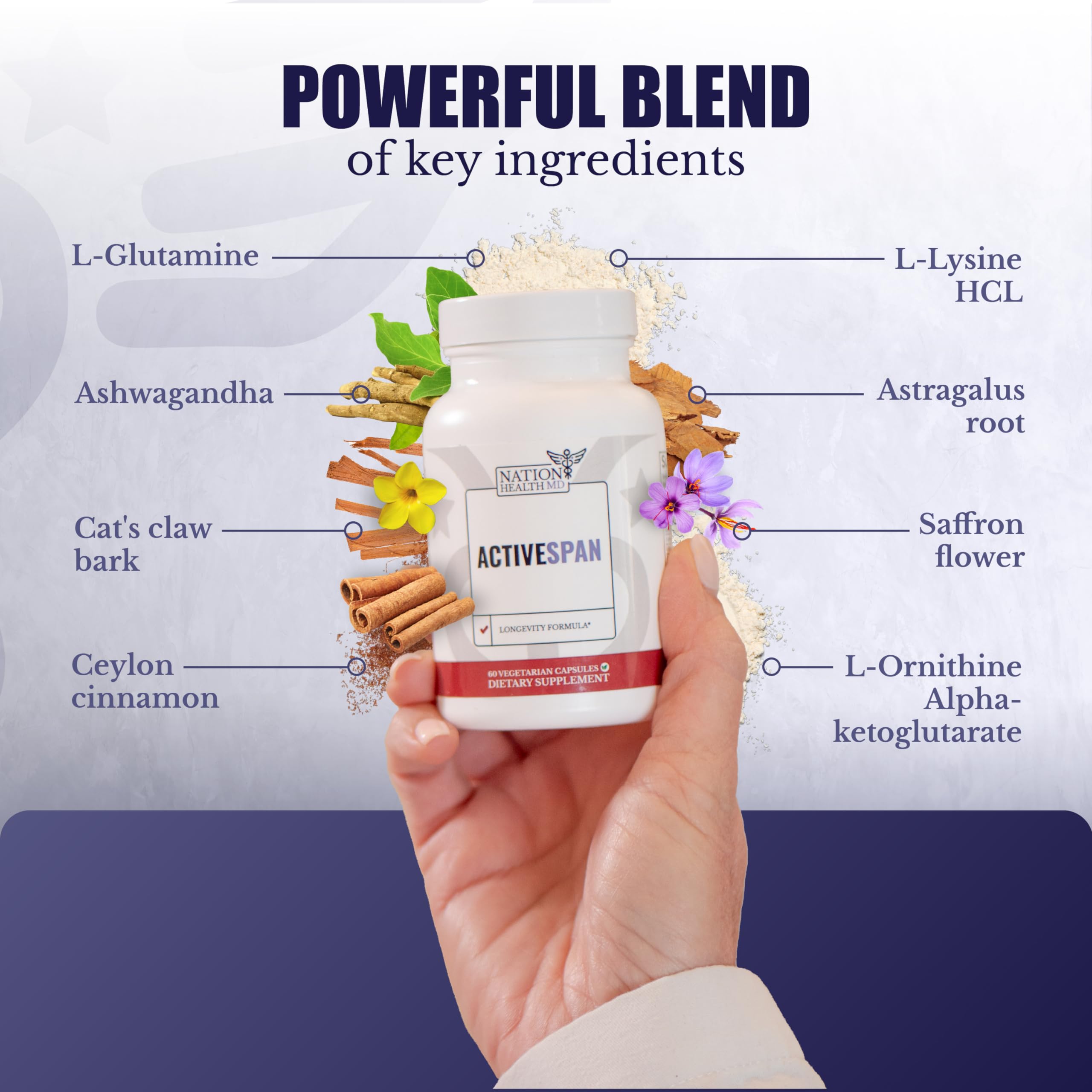 NATION HEALTH MD ActiveSpan - Longevity Supplement for Anti Aging - with Ashwagandha Extract, Astragalus, Cat's Claw, Ceylon Cinnamon, L-Lysine, L-Glutamine & More - 60 Capsules NATION HEALTH MDAu supplements