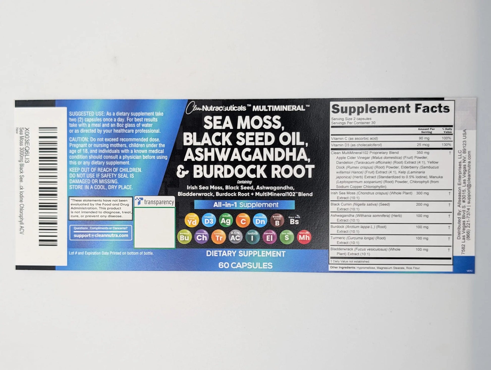 Sea Moss Black Seed Oil Ashwagandha Turmeric Bladderwrack Burdock & Vitamin C Vitamin D3 with Elderberry Manuka Dandelion Yellow Dock Iodine Chlorophyll ACV - 5Pack Clean Nutraceuticalsnz supplements