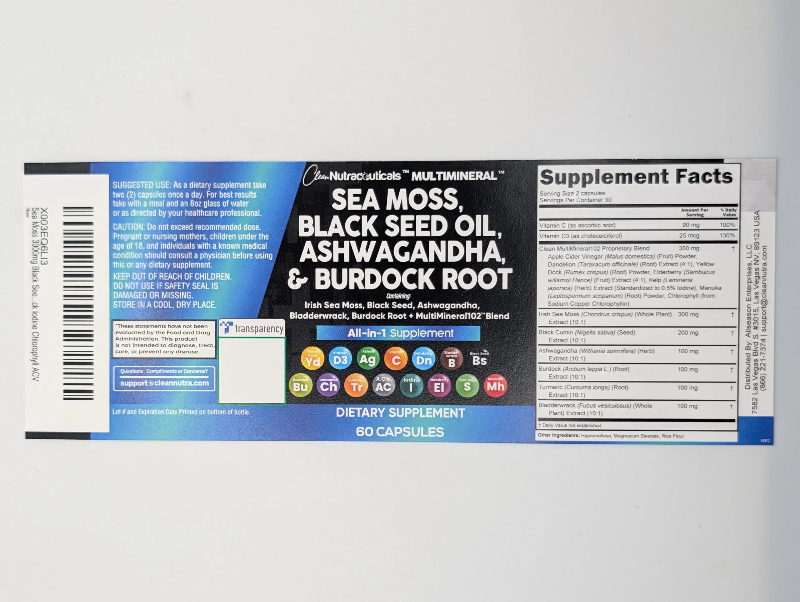Sea Moss Black Seed Oil Ashwagandha Turmeric Bladderwrack Burdock & Vitamin C Vitamin D3 with Elderberry Manuka Dandelion Yellow Dock Iodine Chlorophyll ACV - 5Pack Clean Nutraceuticalsnz supplements