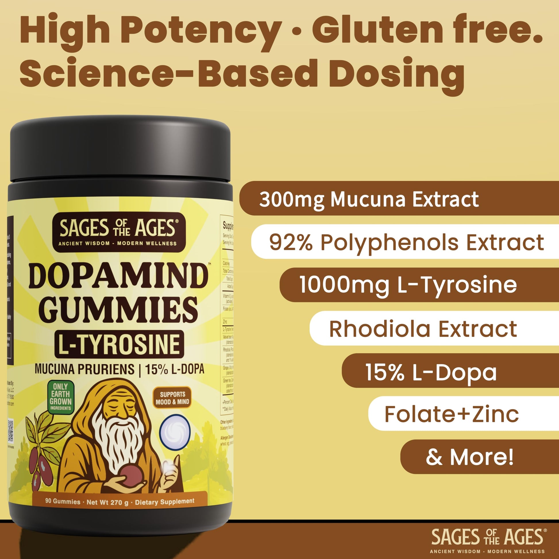 Sages Of The Ages L-Tyrosine Gummies 1000mg – Amino Acid Supplement with Mucuna Pruriens, B Vitamins & Rhodiola – Blueberry Flavor – 90 Gummies Sages Of The AgesAu supplements