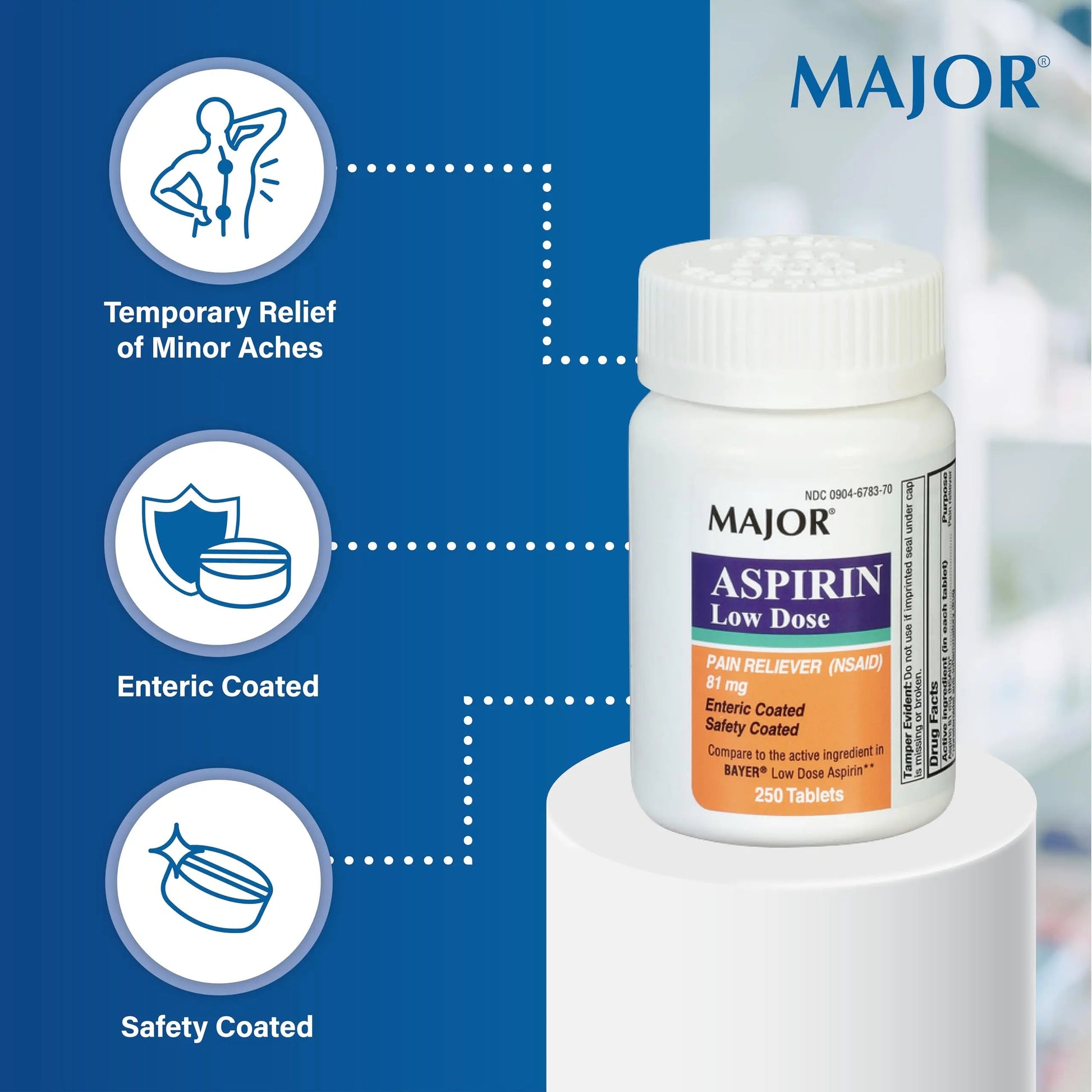 MAJOR Aspirin Low Dose 81 Mg - Pain Reliever (NSAID) - Enteric Coated - 250 Tablets MAJORAu supplements