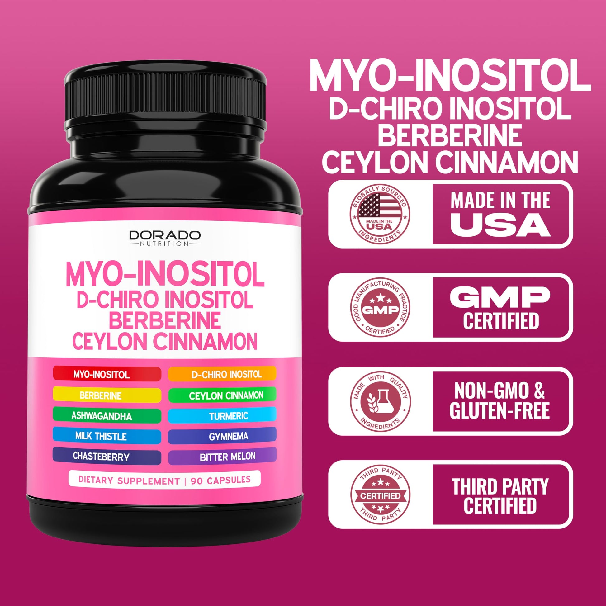 Myo-Inositol & D-Chiro Inositol Supplement For Women (90 Capsules, 40:1 Ratio Myo Inositol) Hormone Balance for Women - 10 in 1 Formula - Third Party Tested, Vegan Safe & USA Made - (90 Count) DORADO NUTRITIONAu supplements