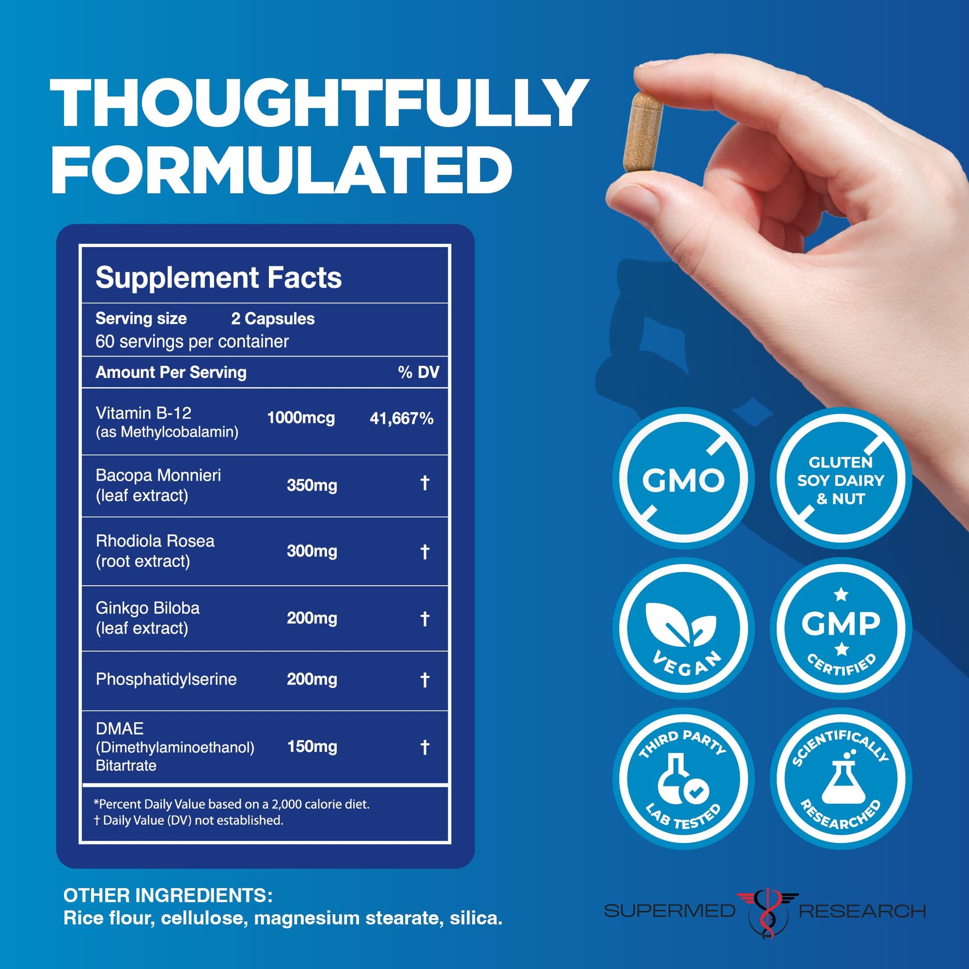 Supermed Research Mental Clarity & Focus Supplement with Bacopa, Rhodiola, Ginkgo Biloba, Huperzine, Vitamin B12, DMAE – Vegan Nootropic Brain Supplement for Memory and Brain Health (120 Capsules) Supermed ResearchAu supplements