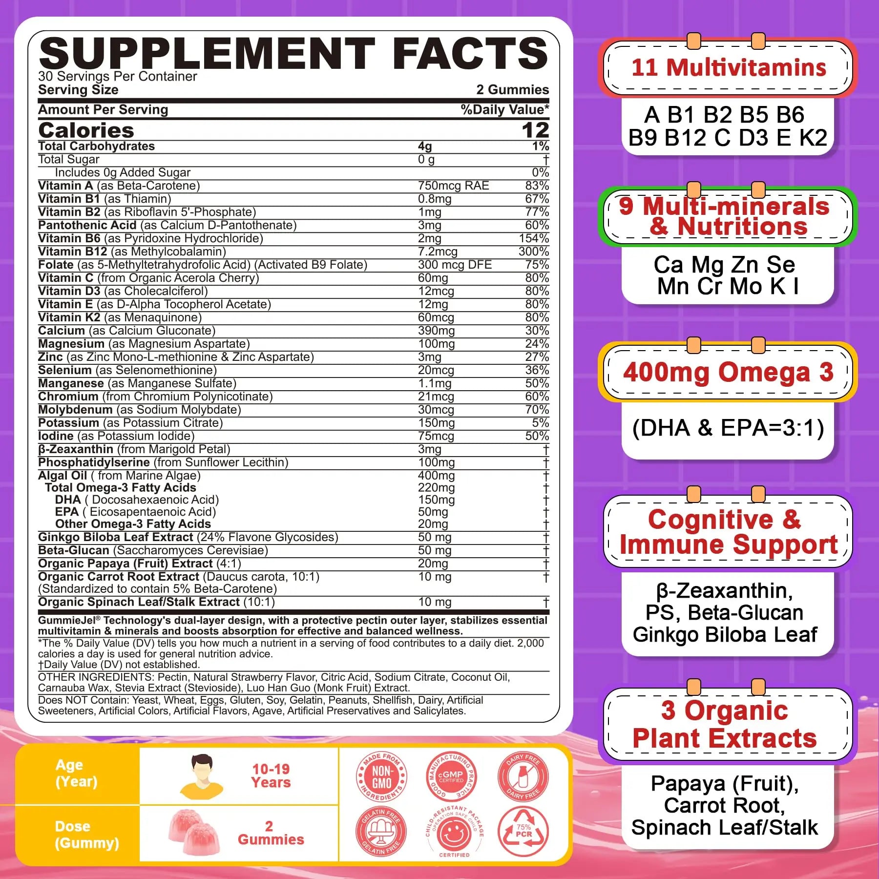 Nextdia Multivitamin Filled Gummies for Teen Boys Girls 12-17, 18, 19, Kids 10+ Multivitamin with Omega 3, Calcium + Magnesium + Zinc, Multi-Minerals NextdiaAu supplements