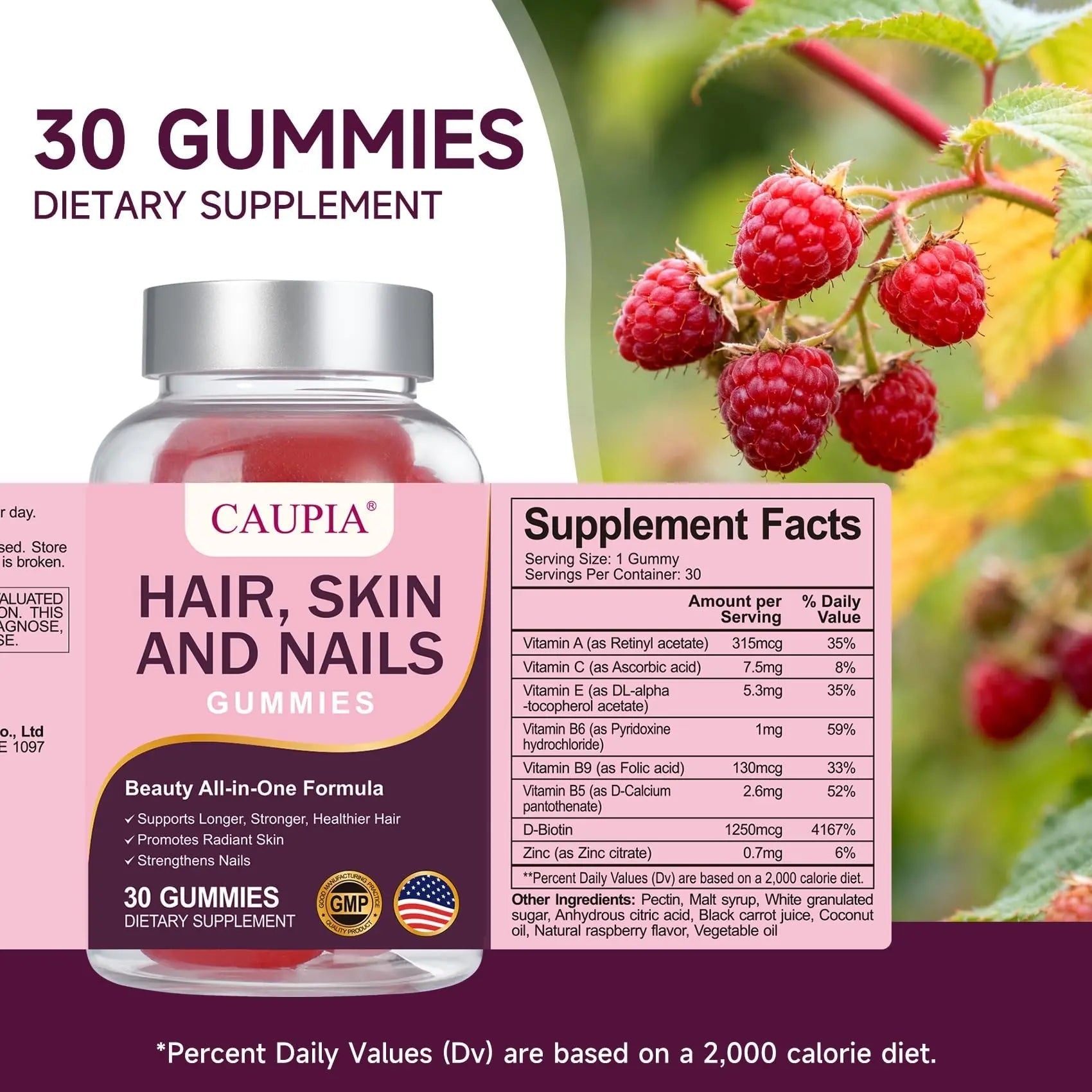 CAUPIA Hair Skin and Nails Gummies, All-in-One Advanced Formula Supports Hair Growth - Skin Health & Nail Strength - 30 Gummies CAUPIAAu supplements