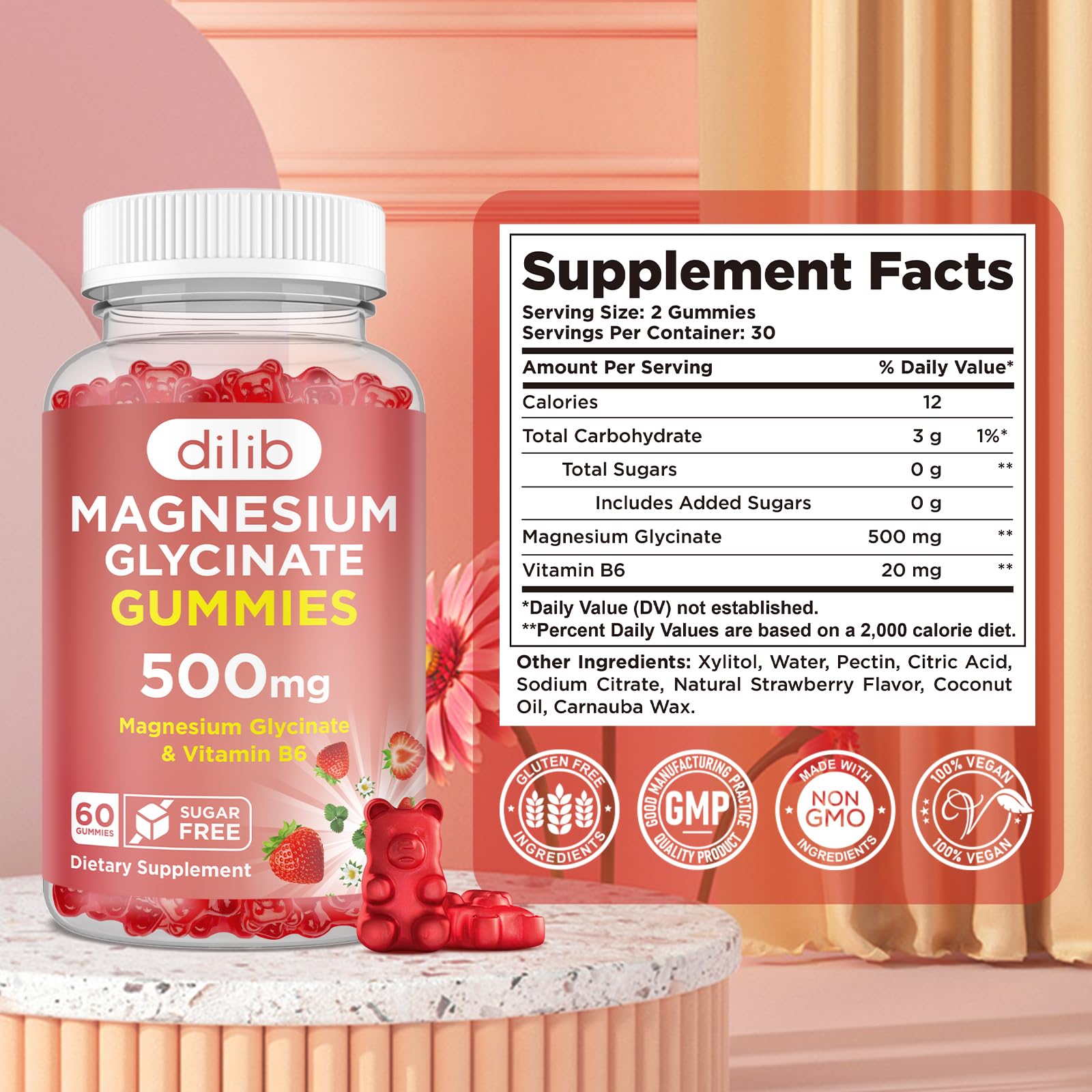 Magnesium Glycinate Gummies 500mg - Magnesium Supplement with Vitamin B6 for Adults & Magnesium for Kids - Calm Magnesium for Sleep, Mood, Muscle Support - Strawberry Flavor, 60 Gummies dilibAu supplements