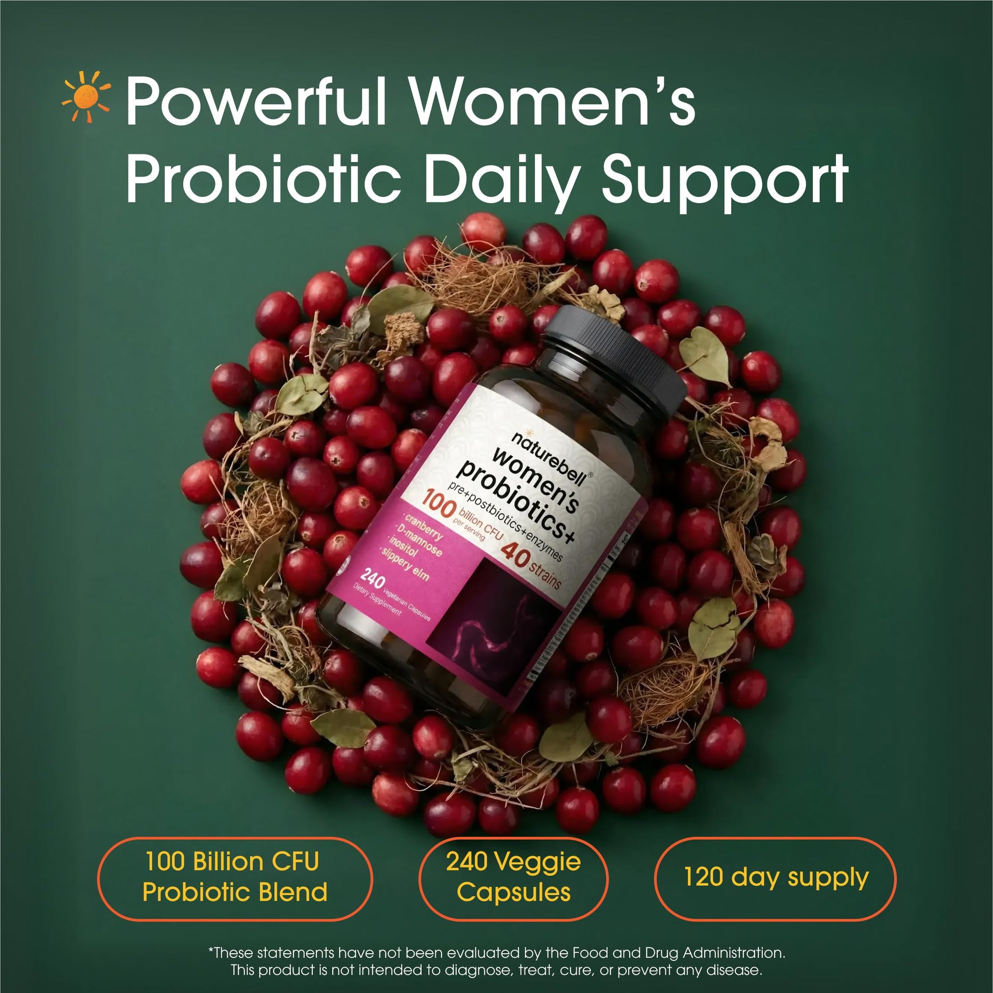 NatureBell Women's Probiotics+ - 240 Vegetarian Capsules - Prebiotic, Probiotic, Postbiotic & Digestive Enzymes - Made with Cranberry, D-Mannose, Inositol & More NatureBellAu supplements