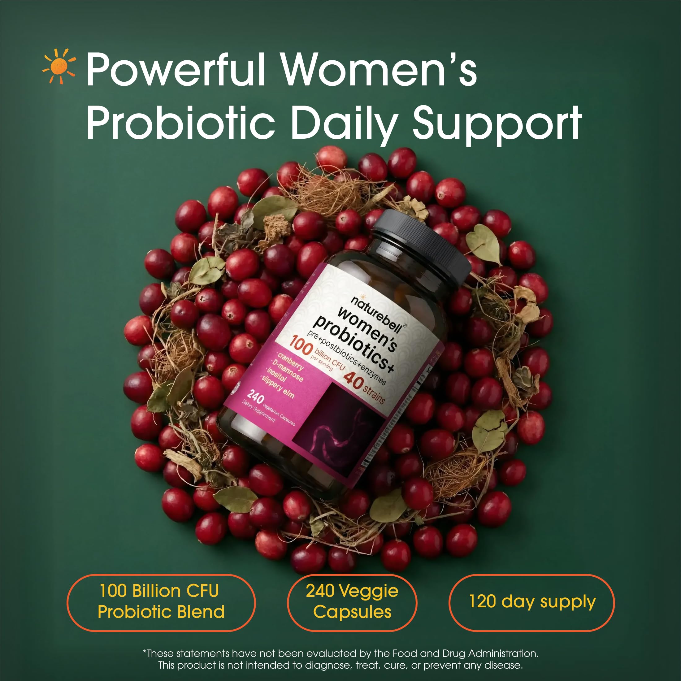 NatureBell Women's Probiotics+ - 240 Vegetarian Capsules - Prebiotic, Probiotic, Postbiotic & Digestive Enzymes - Made with Cranberry, D-Mannose, Inositol & More NatureBellAu supplements