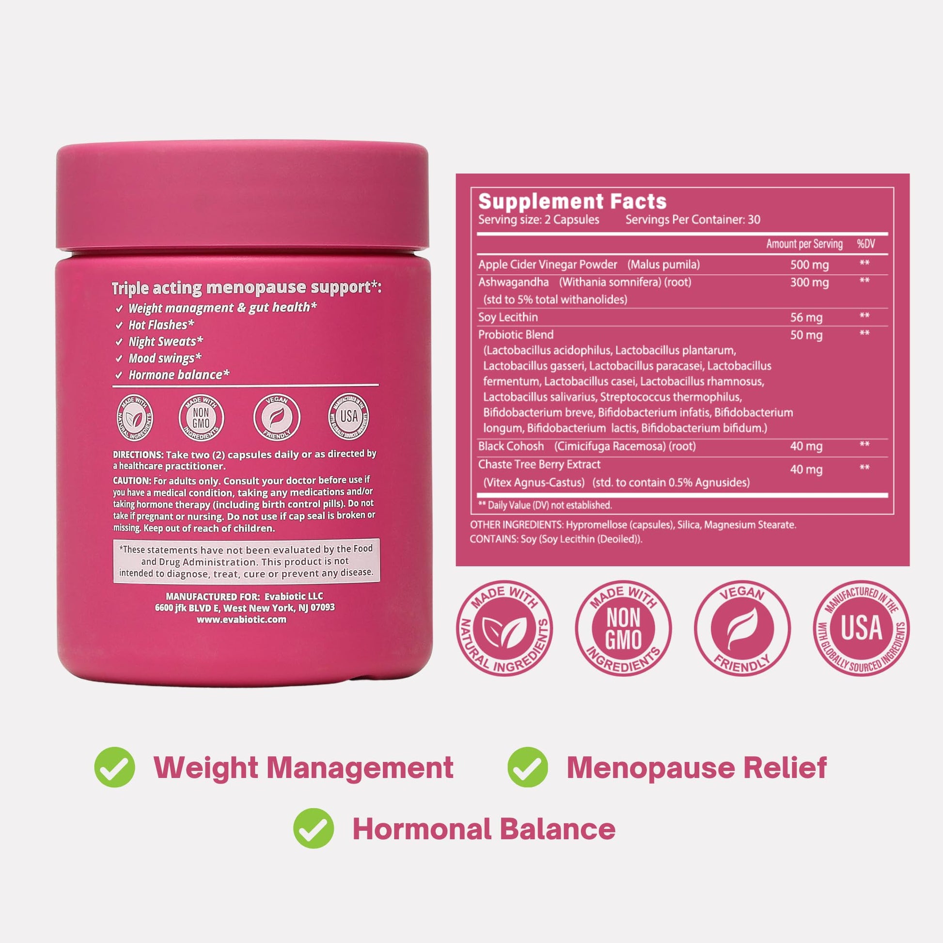Complete Menopause Vitamins - Ashwaghanda, Probiotics, ACV for Weight Management, Hot Flashes, Night Sweats, Bloat, Hormone Balance - Vegan 60 Caps Menopause Supplements for Women Non-GMO EVABIOTICAu supplements