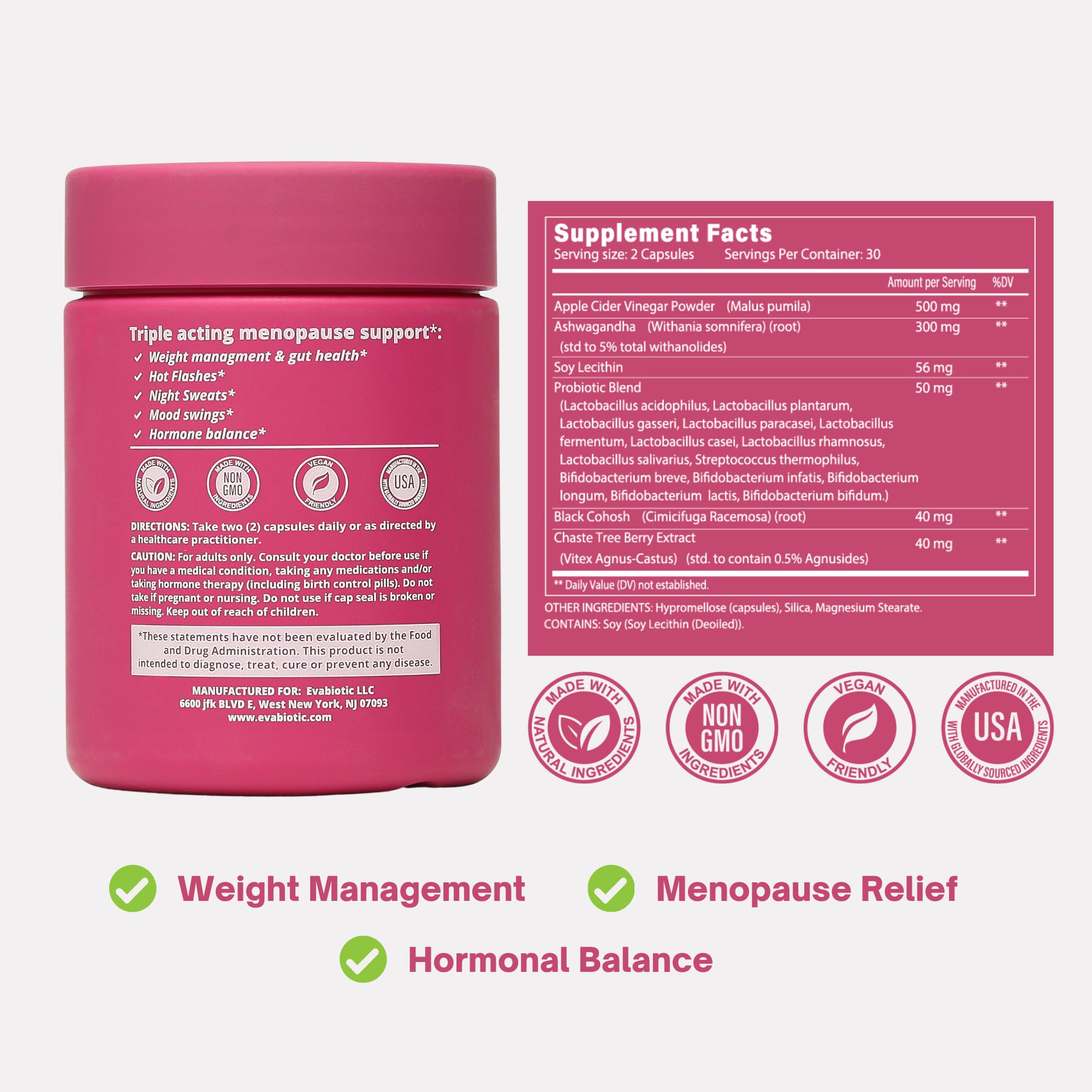 Complete Menopause Vitamins - Ashwaghanda, Probiotics, ACV for Weight Management, Hot Flashes, Night Sweats, Bloat, Hormone Balance - Vegan 60 Caps Menopause Supplements for Women Non-GMO EVABIOTICAu supplements