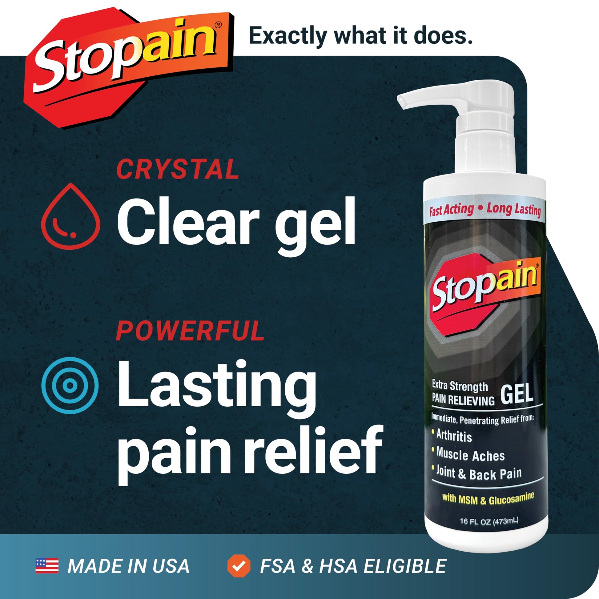 Stopain Pain Relief Gel 16oz, USA Made, Max Strength Fast Acting with Menthol, MSM, Glucosamine for Joint Pain, Back Pain, Arthritis, Knee, Neck Pain, HSA FSA Approved OTC Topical Analgesic Product StopainAu supplements