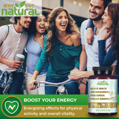 Why Not Natural 4-in-1 Organic Black Maca Root, Ashwagandha, Fenugreek, Panax Ginseng Capsules, Supplement for Men and Women (120 Count (Pack of 1) Why Not NaturalUS supplements