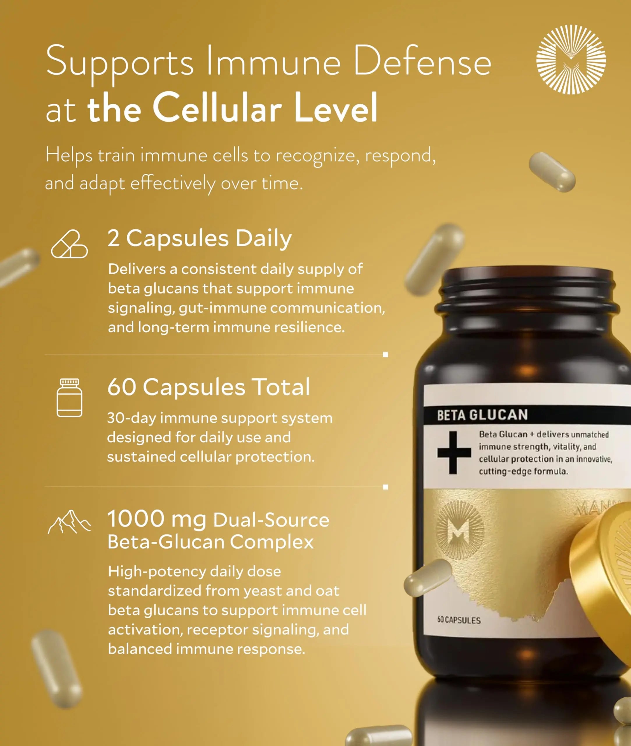 Manna Beta Glucan+ Capsules | 1000mg Beta Glucan Complex | Reishi Mushroom & Oats | Supplement for Immune Support, Heart Health, Cellular Renewal & Antioxidant Protection | 60 Count M Mannanz supplements