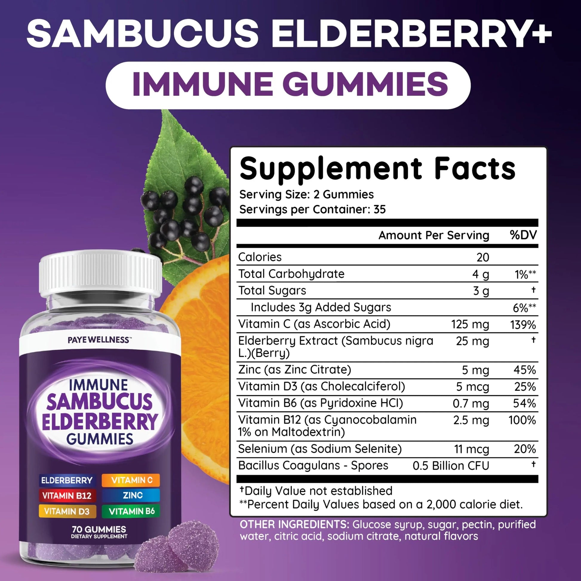 Elderberry Gummies Immune Support, Daily Support for Kids and Adults*, with Sambucus Elderberry, Zinc, Vitamin C, D3, B6, B12, Plus PAYÉAu supplements