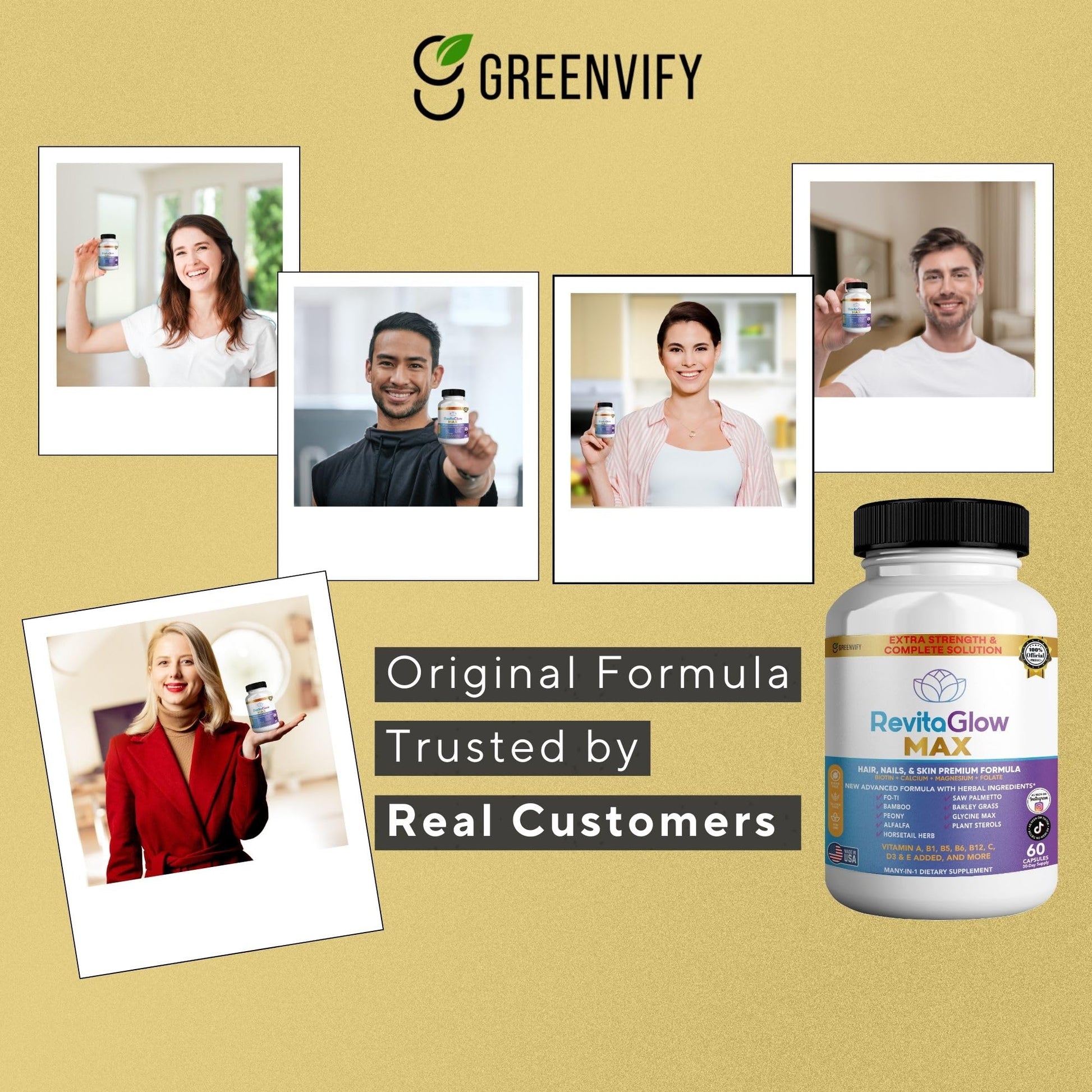 GREENVIFY RevitaGlow Max Hair, Nails & Skin Premium Formula, 60 Capsules, 30-Day Supply, with Biotin, Vitamins A, B1, B5, B6, B12, C, D3, E (1) GREENVIFYAu supplements