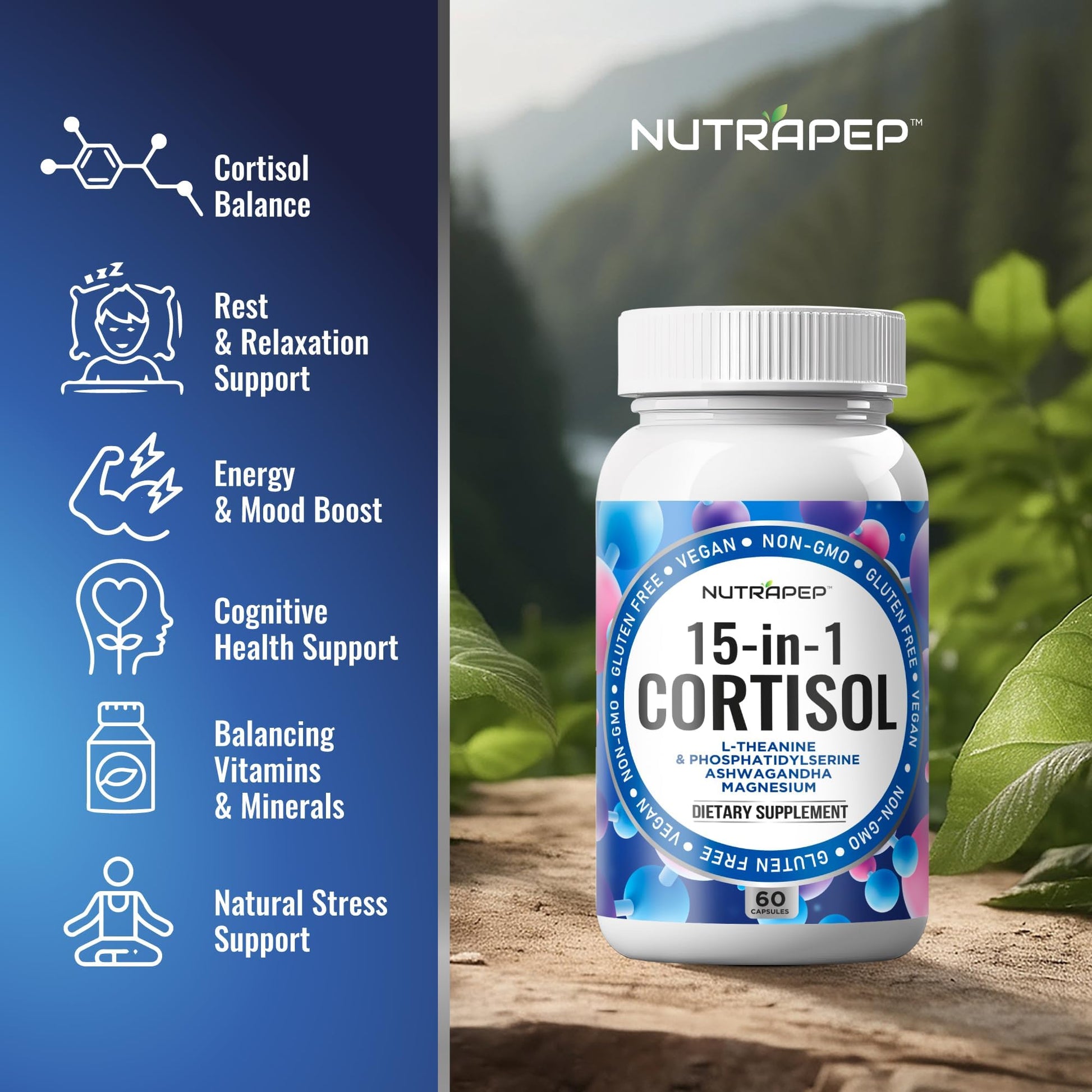 NutraPep Cortisol Detox Supplement Men Women - Reduce Lower Cortisol High Cortisol Reducer Blocker Control - Supports Stress Mood Rest Adrenal Calm Relax with Ashwagandha L-Theanine Magnesium NutraPepAu supplements