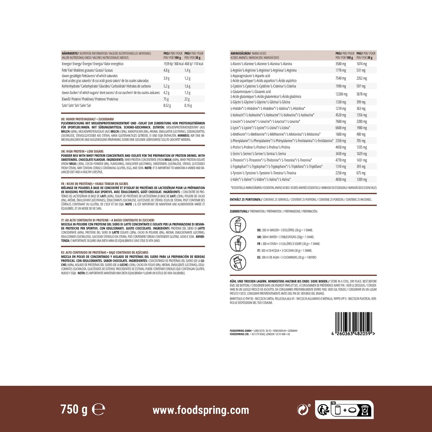 foodspring Whey Protein Powder Chocolate – with 22g Protein for Muscle Building, Perfect Solubility foodspringUS supplements