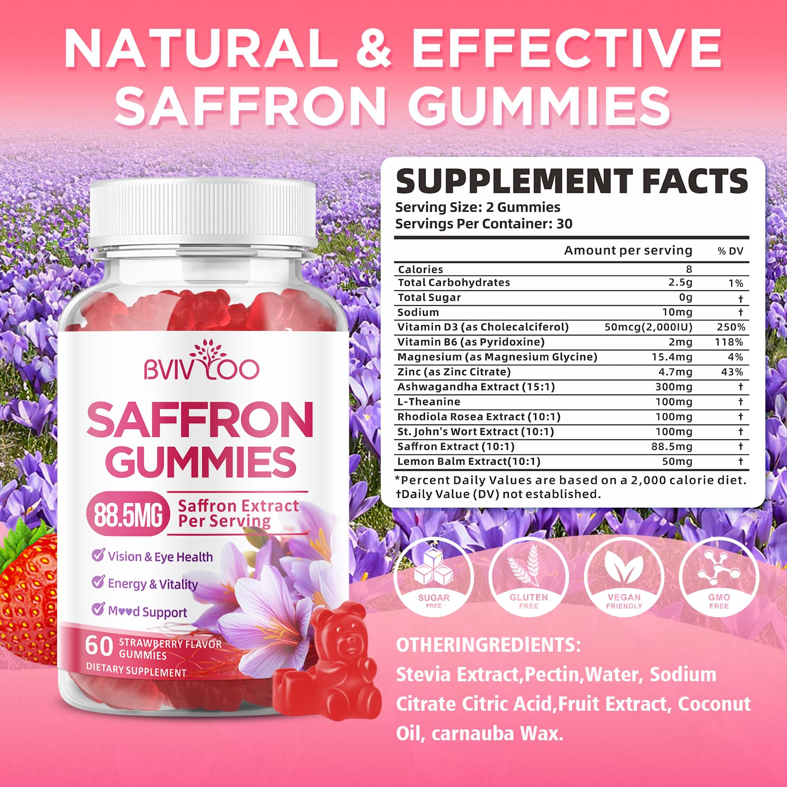 Saffron Gummies for Adult Kids, 10-IN-1 Formula with Saffron 88.5mg, Vitamins D3 & B6, Magnesium, Zinc, Ashwagandha, L-Theanine, St. John's Wort - Supports Mood & Focus, Strawberry Flavor, 60 Count BVIVLOOAu supplements