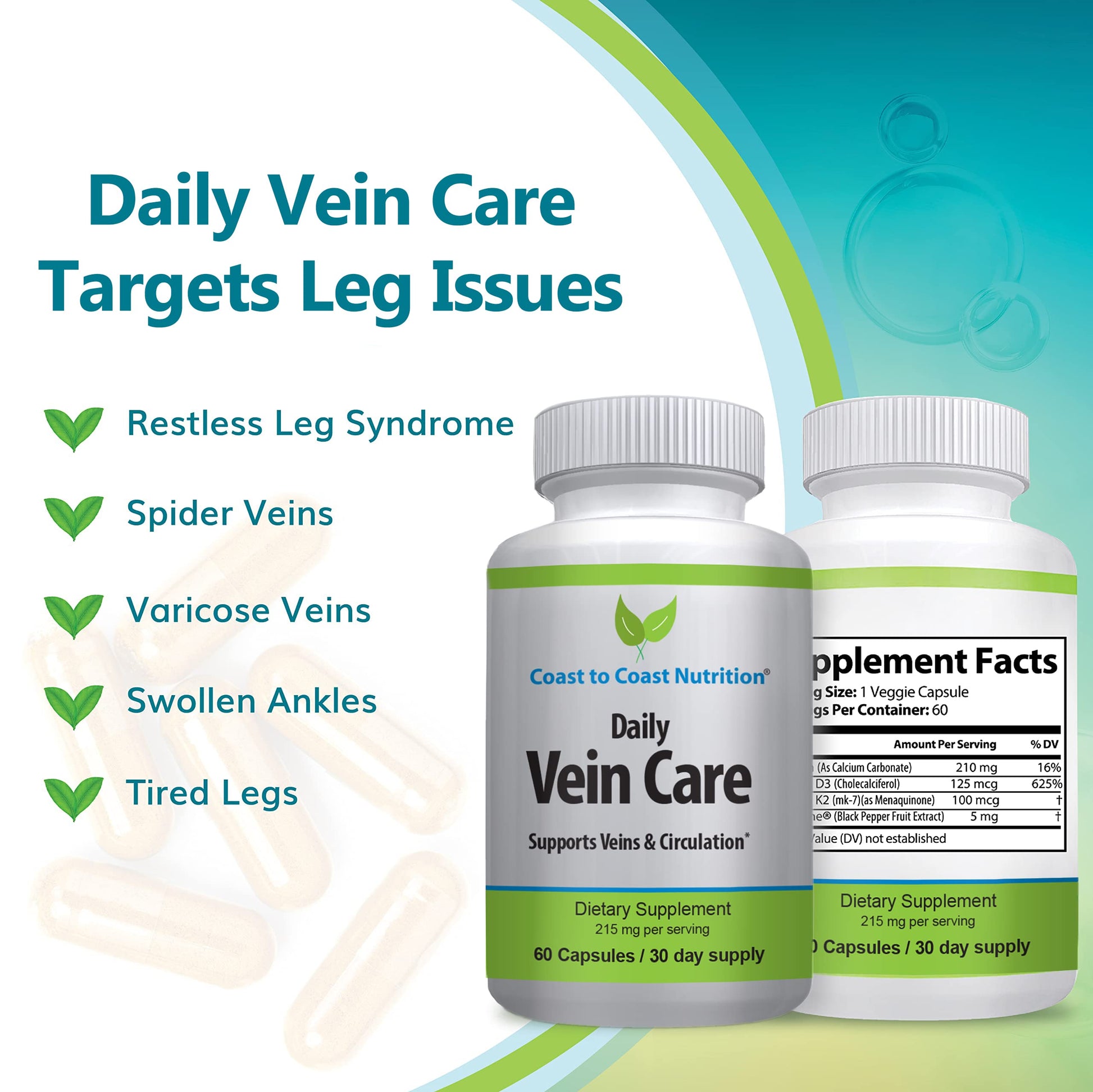 Coast to Coast Nutrition Daily Vein Care Supplement Capsules — Circulation Formula with a Natural Blend of Calcium, Vitamin D3, Vitamin K2 Plus BioPerine for Max Absorption Vein Formula — 60 Capsules Coast to Coast NutritionAu supplements