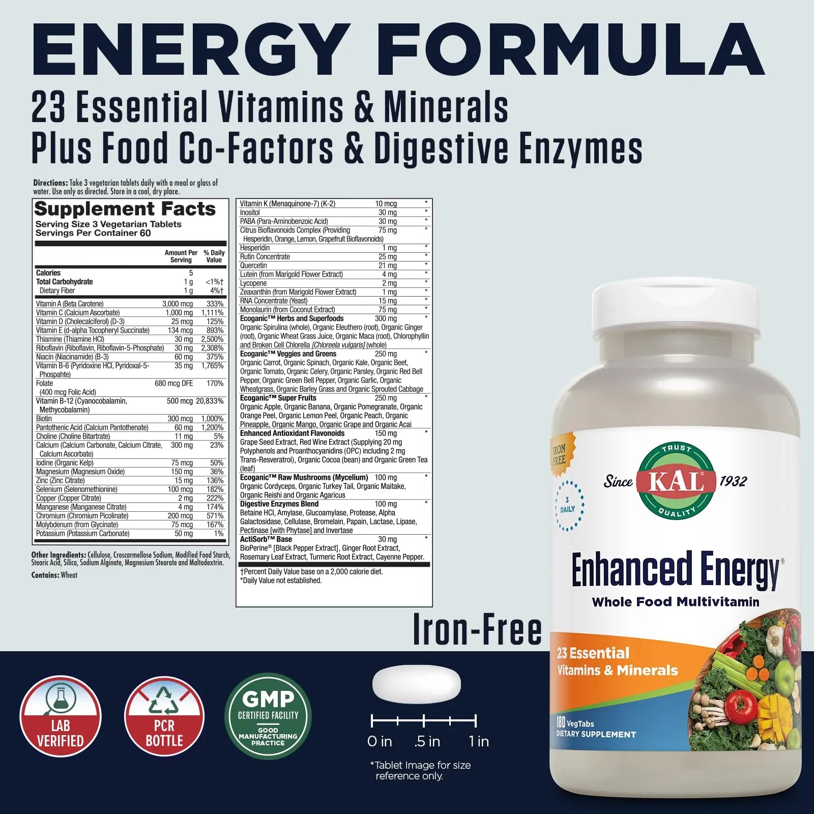 KAL® Enhanced Energy Multivitamin | Whole Food Based Vitamins & Minerals w/ Antioxidants, Digestive Enzymes & Natural Carotenoids | 180 Capsules KALAu supplements