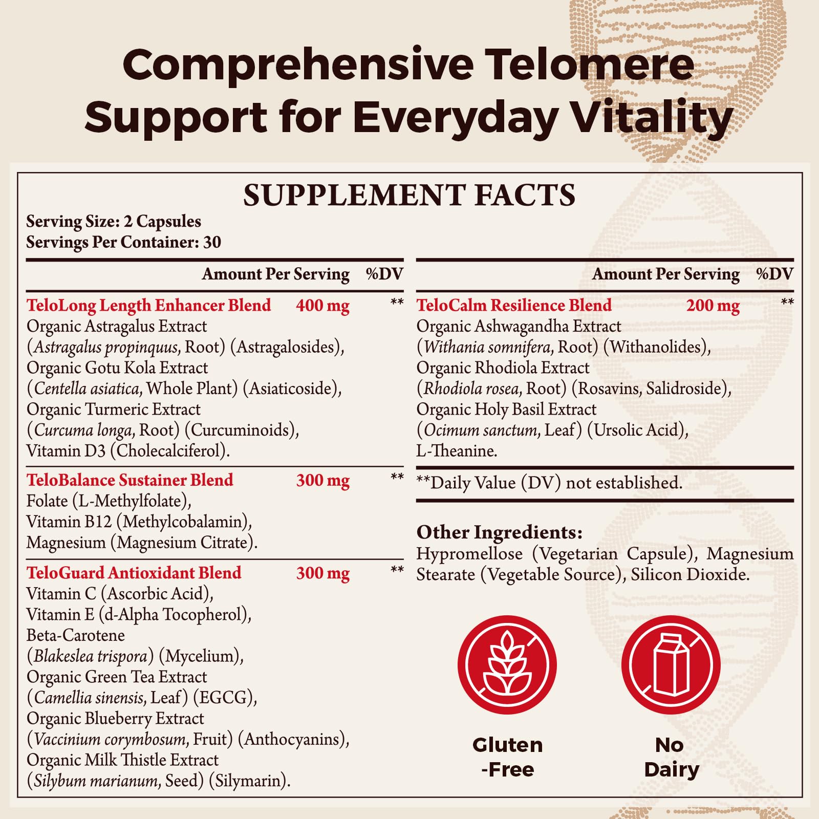 Telomere Lengthening Supplements – Organic Astragalus, Gotu Kola, Vitamin D3, Folate, L-Theanine – Anti-Aging, DNA Repair, Immune & Cellular – 60 Vegan Capsules, Made in Japan (1 Bottle) OrinthalixiumAu supplements